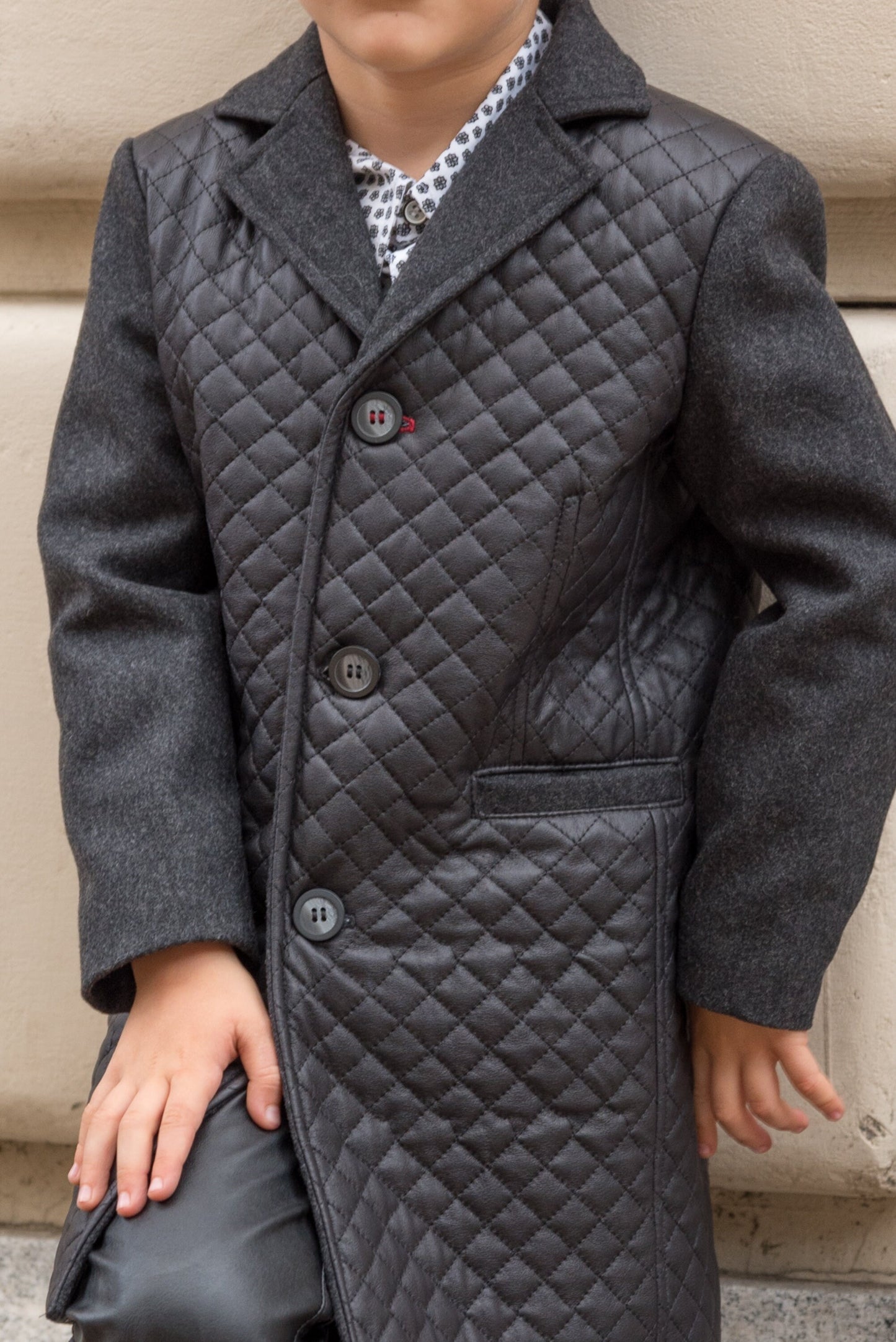 Black wool coat child / Leather coat Kids long down Toddler boy coat Back to School outfit / Winter coat toddler / Leather quilted coat