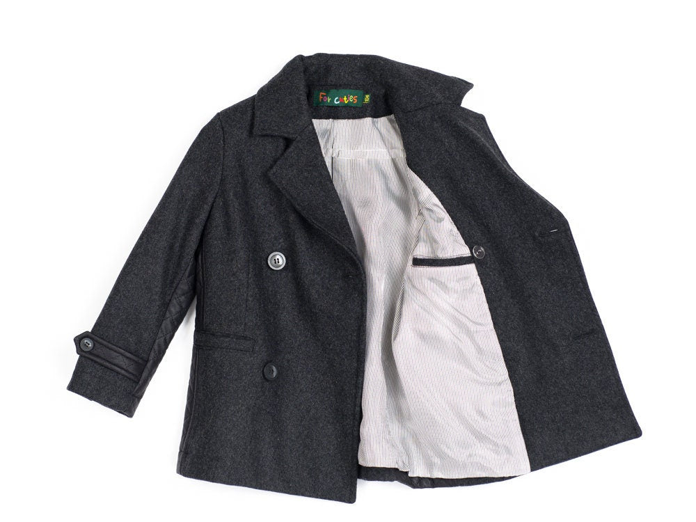 Boys double breasted short wool coat, Stylish pea coat winter boys outfit, Wool blazer coat toddler trendy wool peacoat, Cropped winter coat