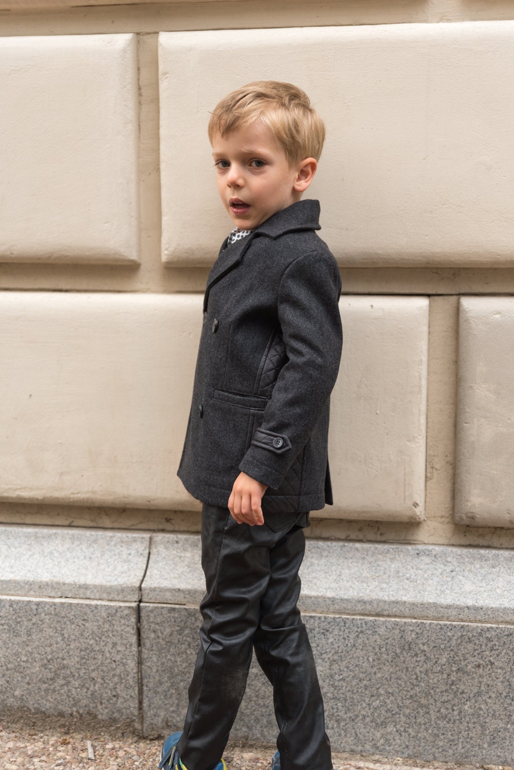 Boys double breasted short wool coat, Stylish pea coat winter boys outfit, Wool blazer coat toddler trendy wool peacoat, Cropped winter coat