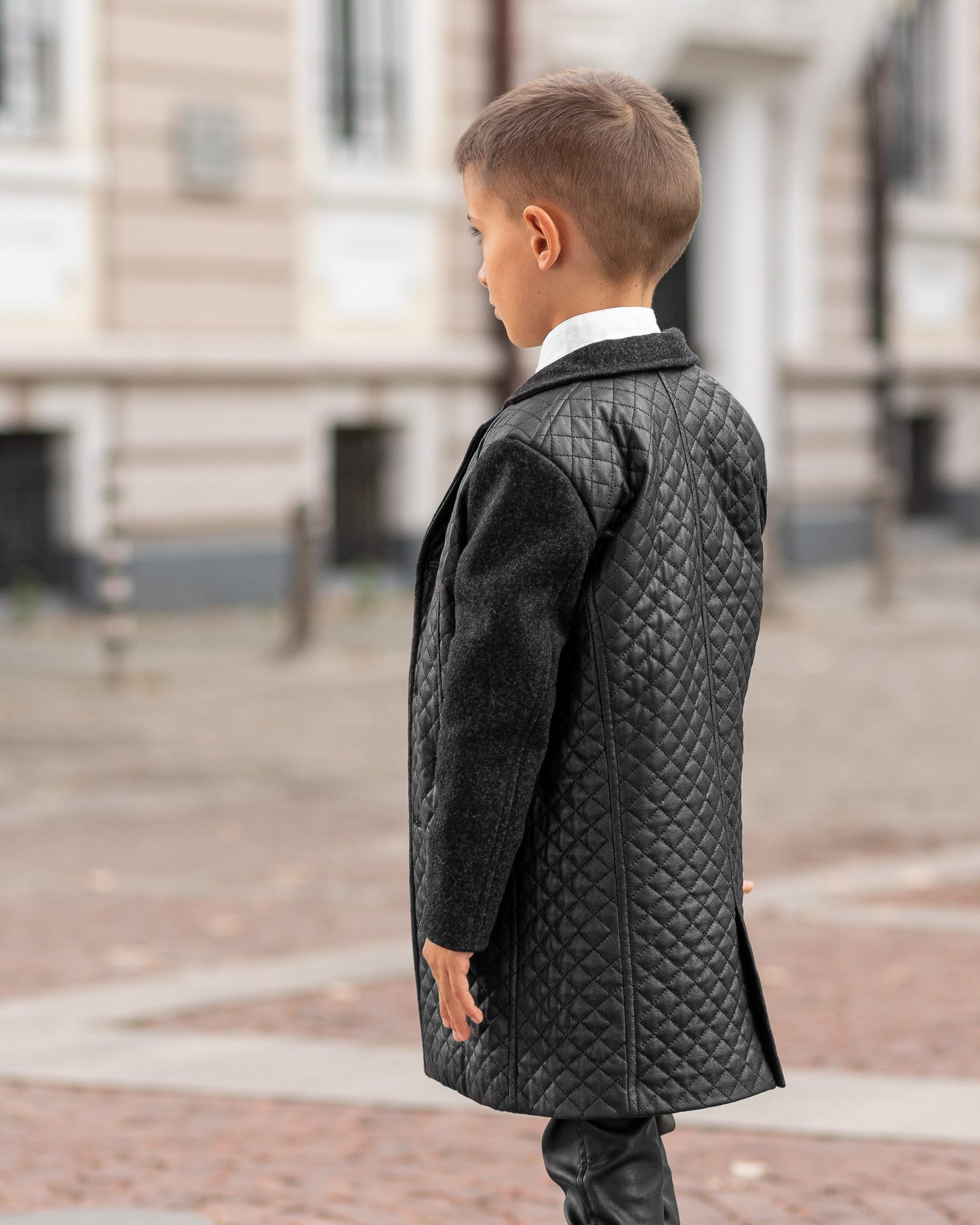 Black wool coat child / Leather coat Kids long down Toddler boy coat Back to School outfit / Winter coat toddler / Leather quilted coat