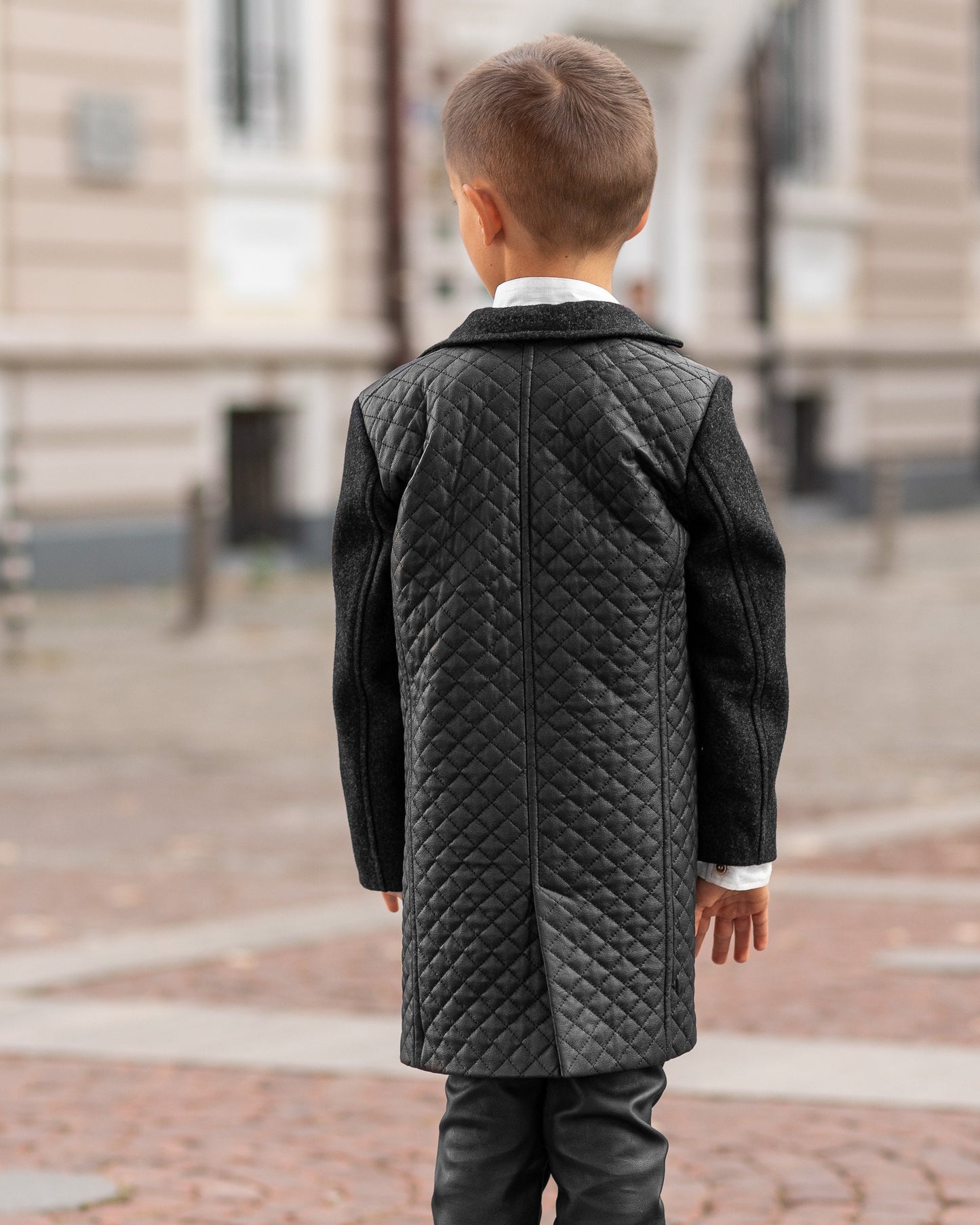 Black wool coat child / Leather coat Kids long down Toddler boy coat Back to School outfit / Winter coat toddler / Leather quilted coat