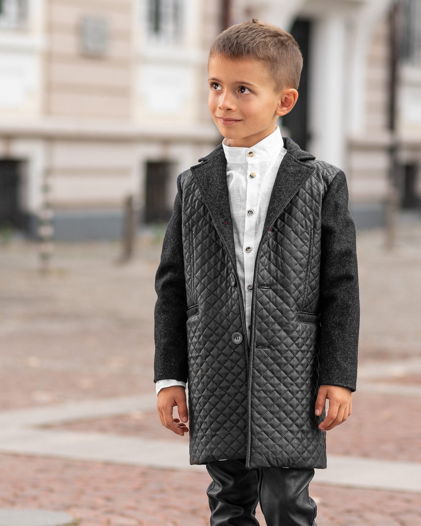 Black wool coat child / Leather coat Kids long down Toddler boy coat Back to School outfit / Winter coat toddler / Leather quilted coat