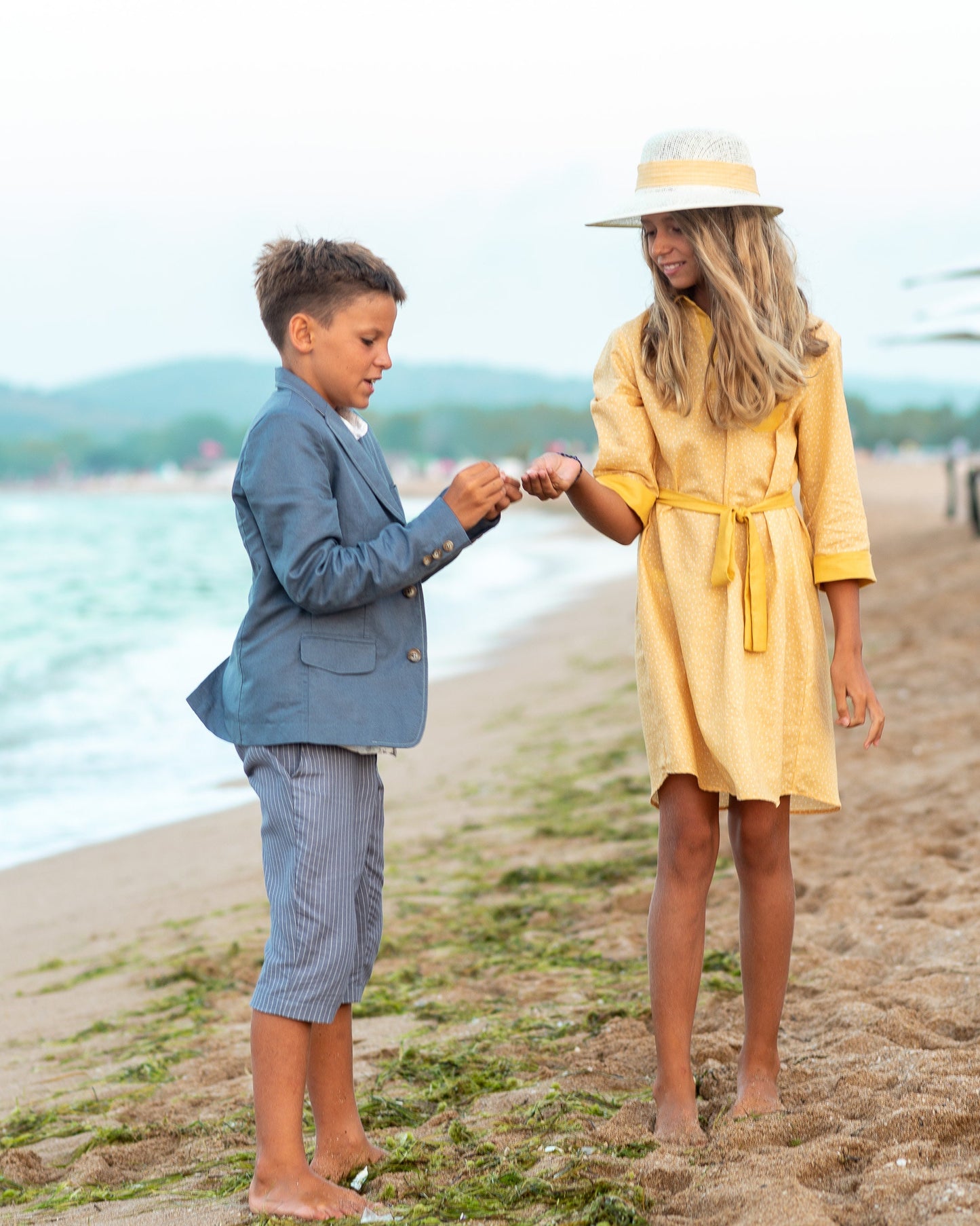 Linen 3/4 sleeve polka dot shirt dress/ Resort linen clothing toddler dress shirt/ Girls clothing summer outfit/ Stylish curry color dress