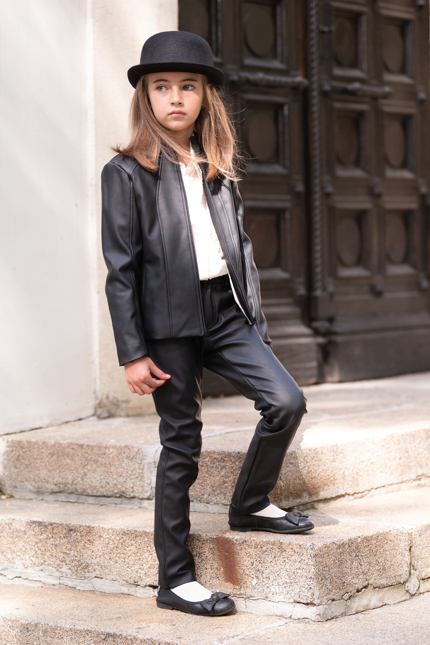 Black leather jacket/Faux leather girls outfit/Toddler leather jacket/Kids leather jacket/Vegan leather outfit/Vintage Eco leather clothing