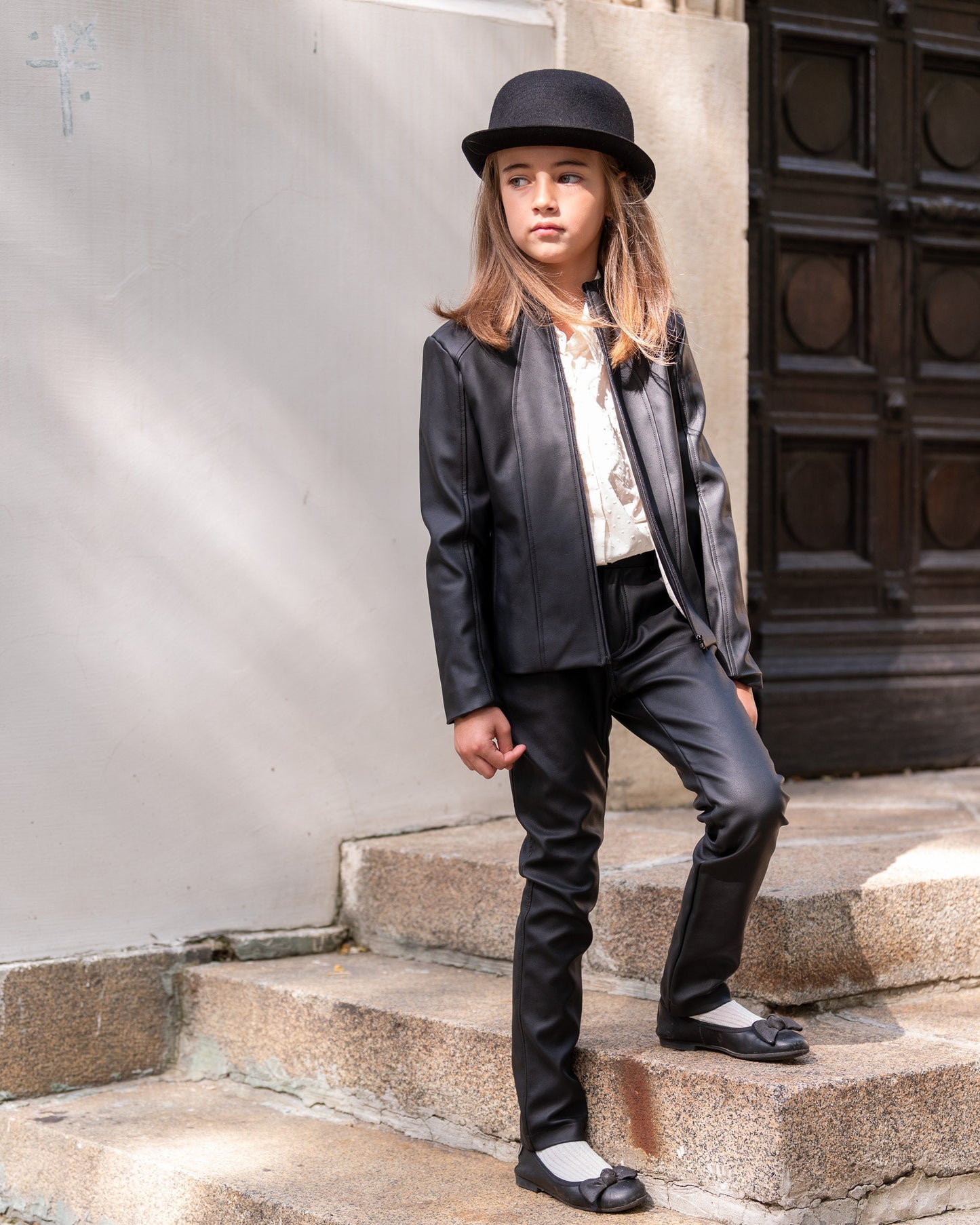 Black leather jacket/Faux leather girls outfit/Toddler leather jacket/Kids leather jacket/Vegan leather outfit/Vintage Eco leather clothing