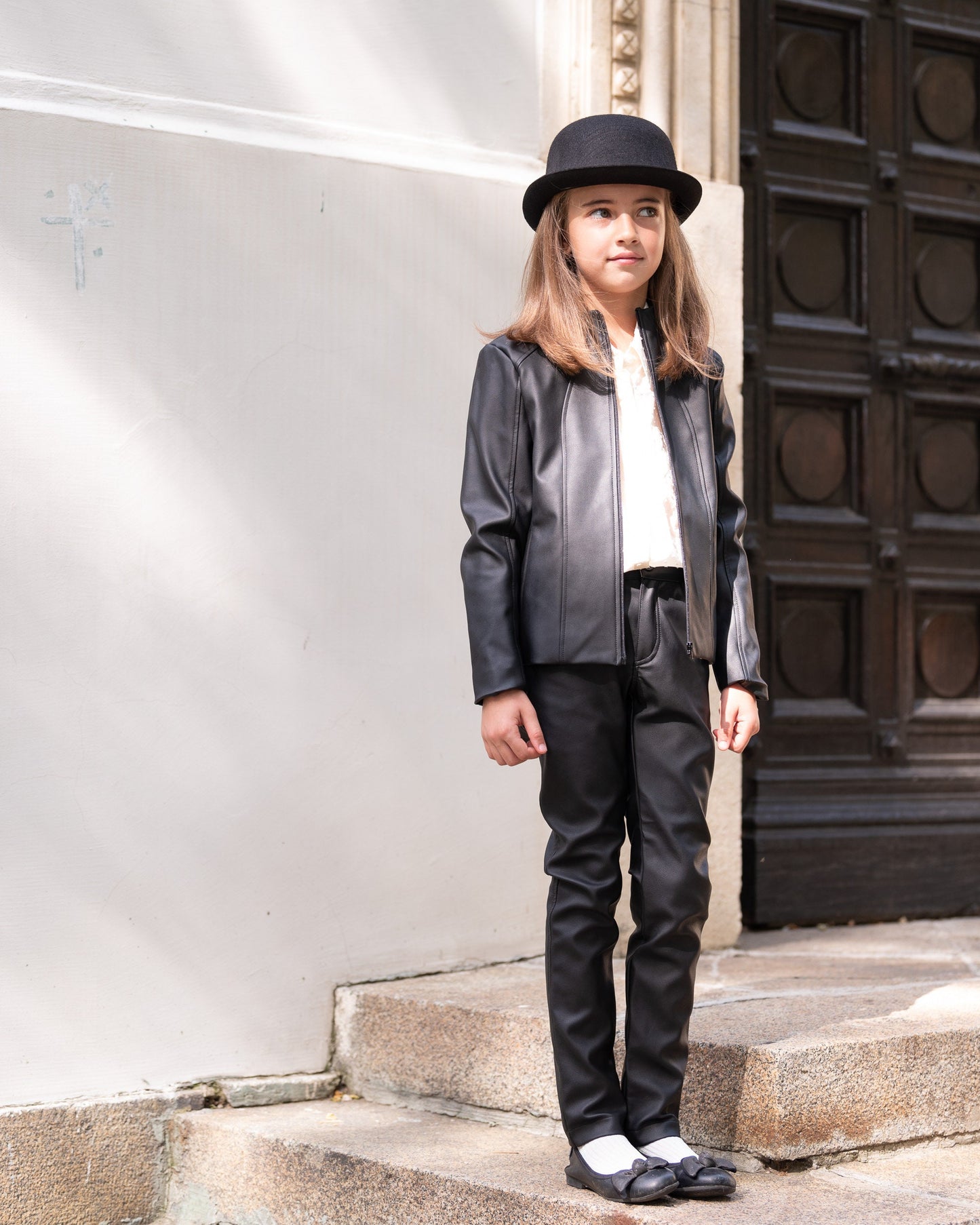 Black faux leather set for girls/ 2 piece faux leather pants and jacket outfit/ Fashionable outfit for toddlers/ Girls leather wear