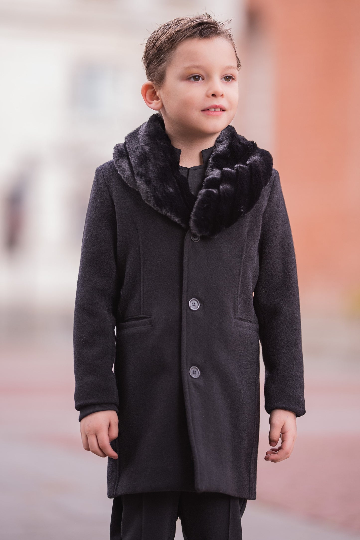 Boys black wool coat with removable faux fur collar, Stylish winter coat, Luxury boys clothes, Formal wool toddler coat , Winter outfit