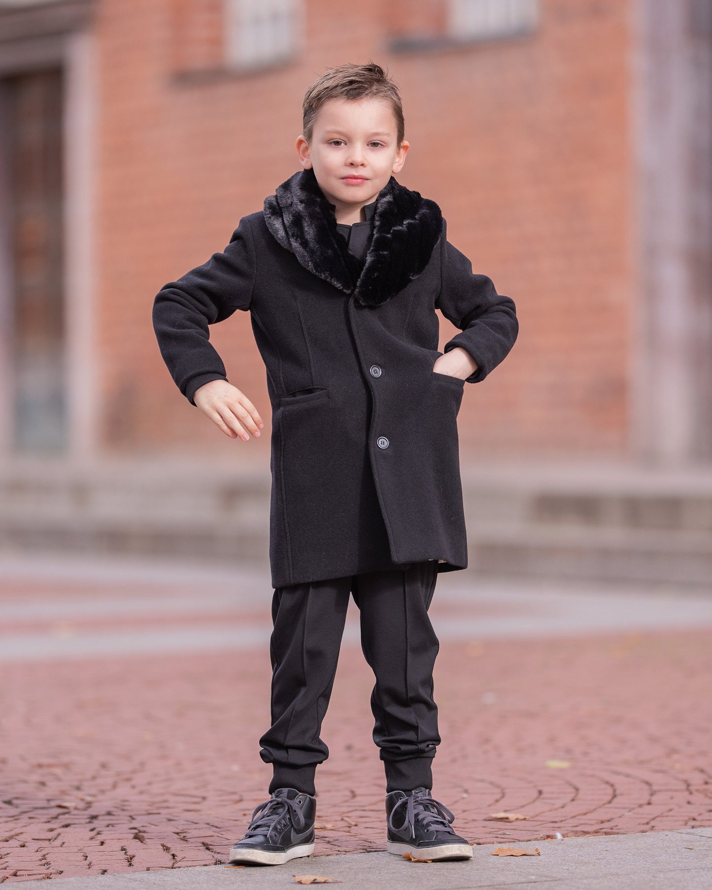 Boys black wool coat with removable faux fur collar, Stylish winter coat, Luxury boys clothes, Formal wool toddler coat , Winter outfit
