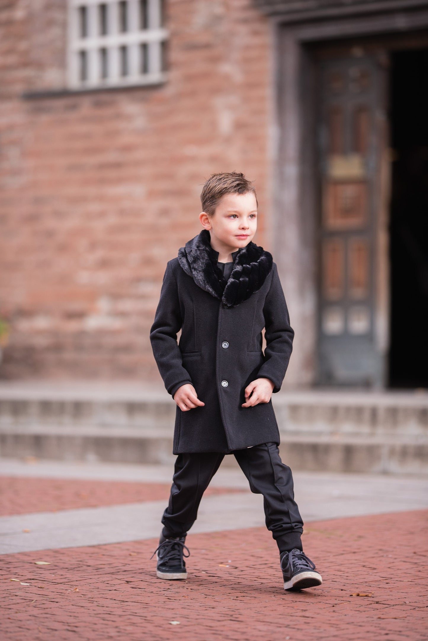 Boys black wool coat with removable faux fur collar, Stylish winter coat, Luxury boys clothes, Formal wool toddler coat , Winter outfit