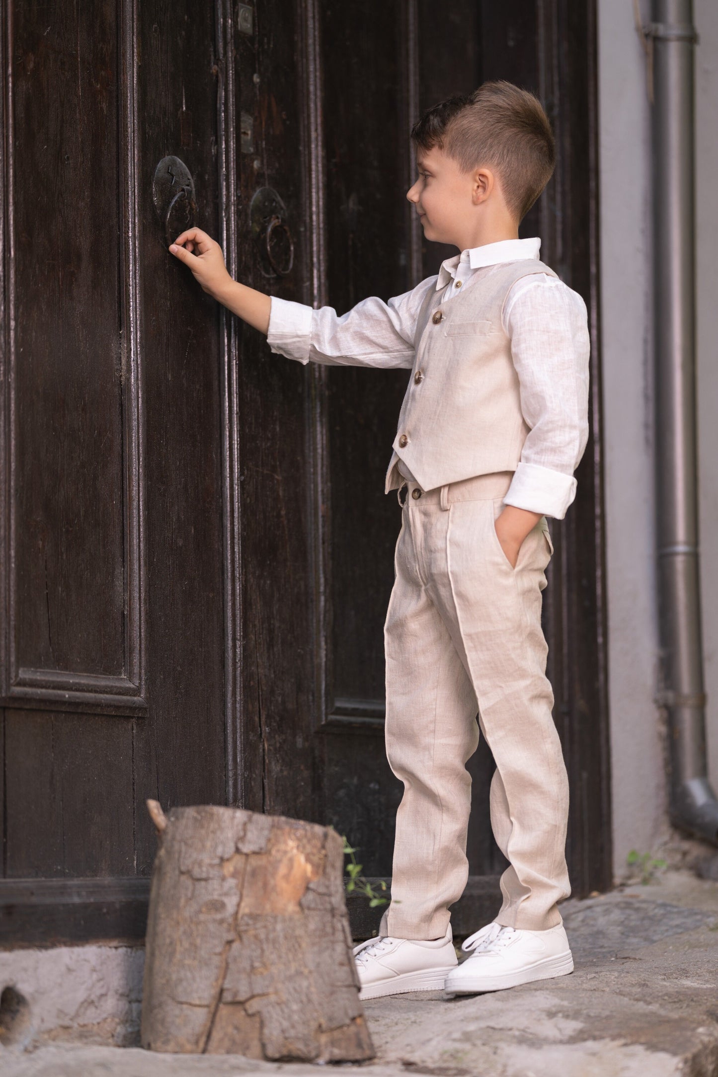 Beige linen 3 piece summer set for boys/ Rustic wedding outfit boys/ Communion linen clothing toddler dress shirt outfit/ Linen boys suit