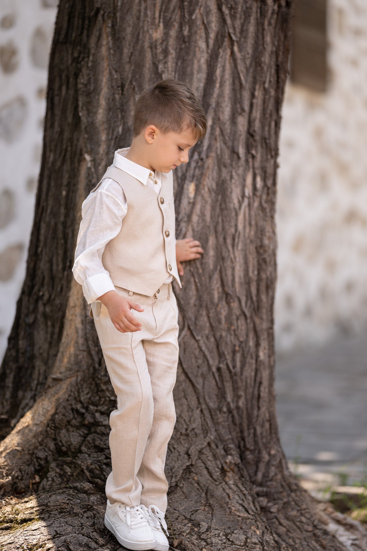 Beige linen 3 piece summer set for boys/ Rustic wedding outfit boys/ Communion linen clothing toddler dress shirt outfit/ Linen boys suit