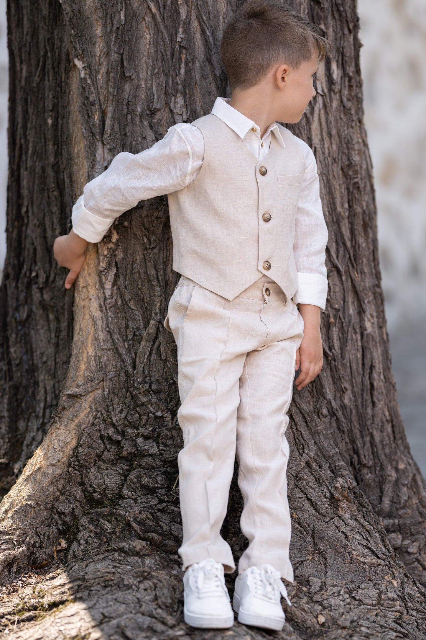 Beige linen 3 piece summer set for boys/ Rustic wedding outfit boys/ Communion linen clothing toddler dress shirt outfit/ Linen boys suit
