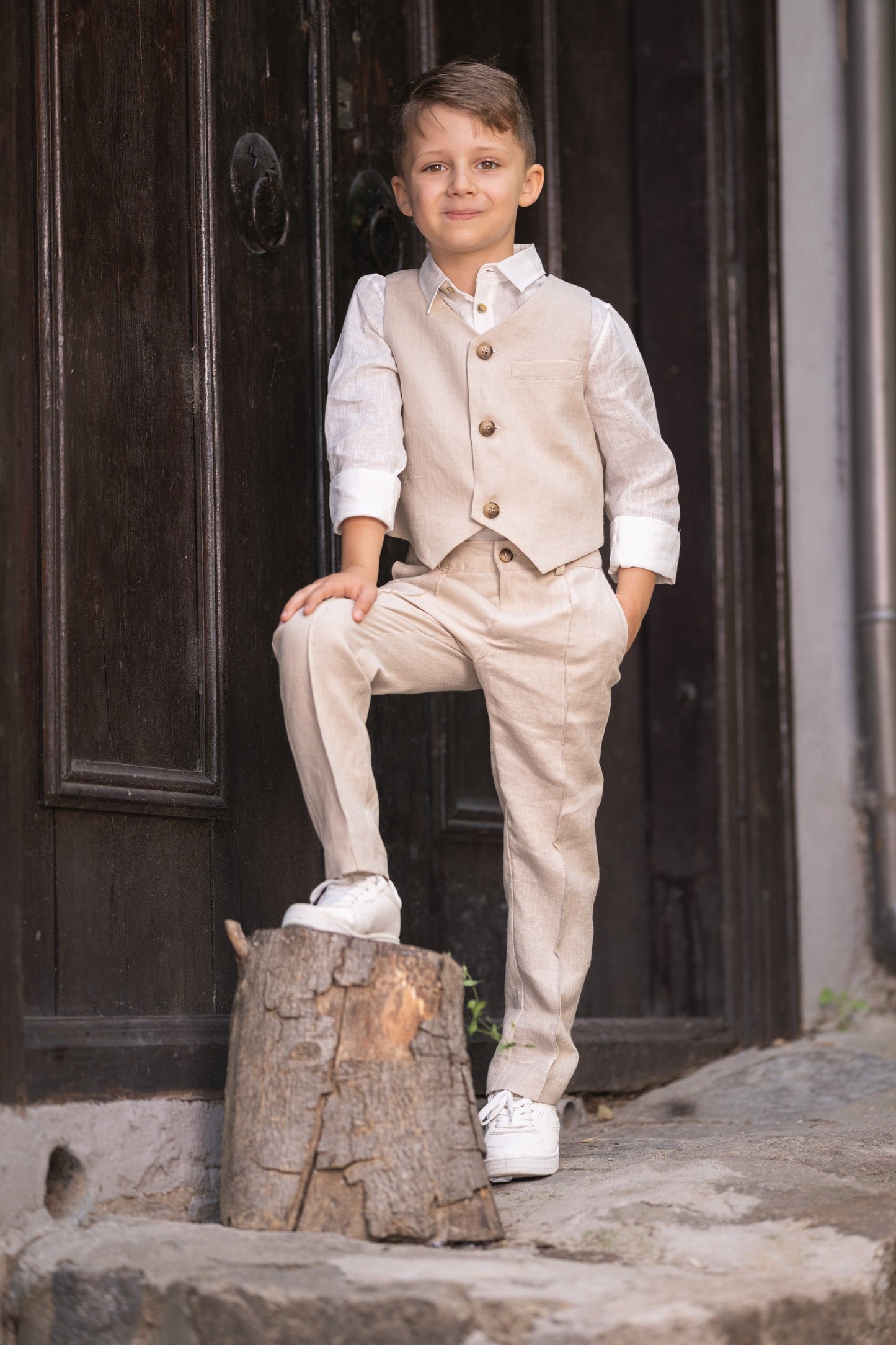 Beige linen 3 piece summer set for boys/ Rustic wedding outfit boys/ Communion linen clothing toddler dress shirt outfit/ Linen boys suit