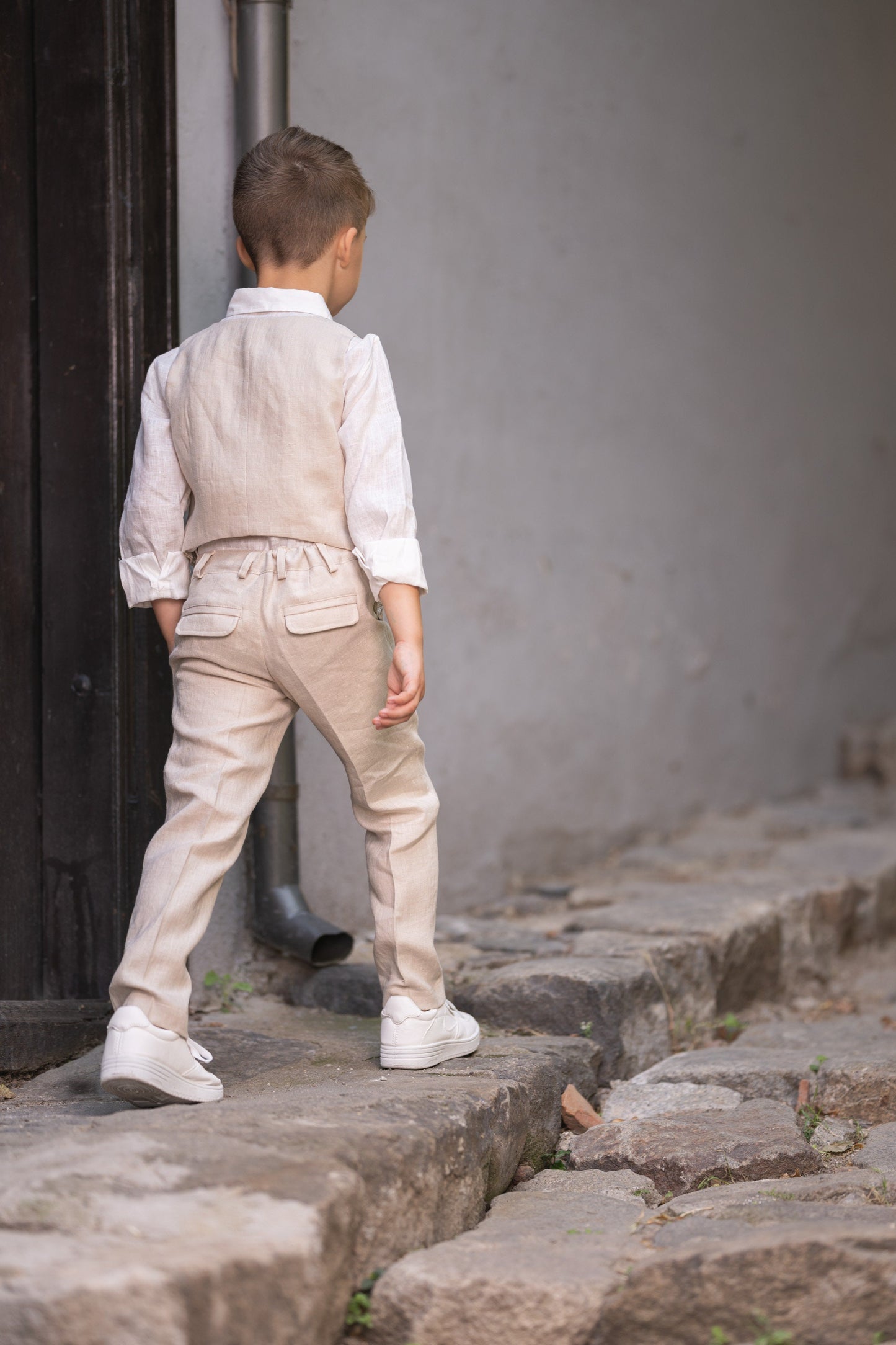 Beige linen 3 piece summer set for boys/ Rustic wedding outfit boys/ Communion linen clothing toddler dress shirt outfit/ Linen boys suit
