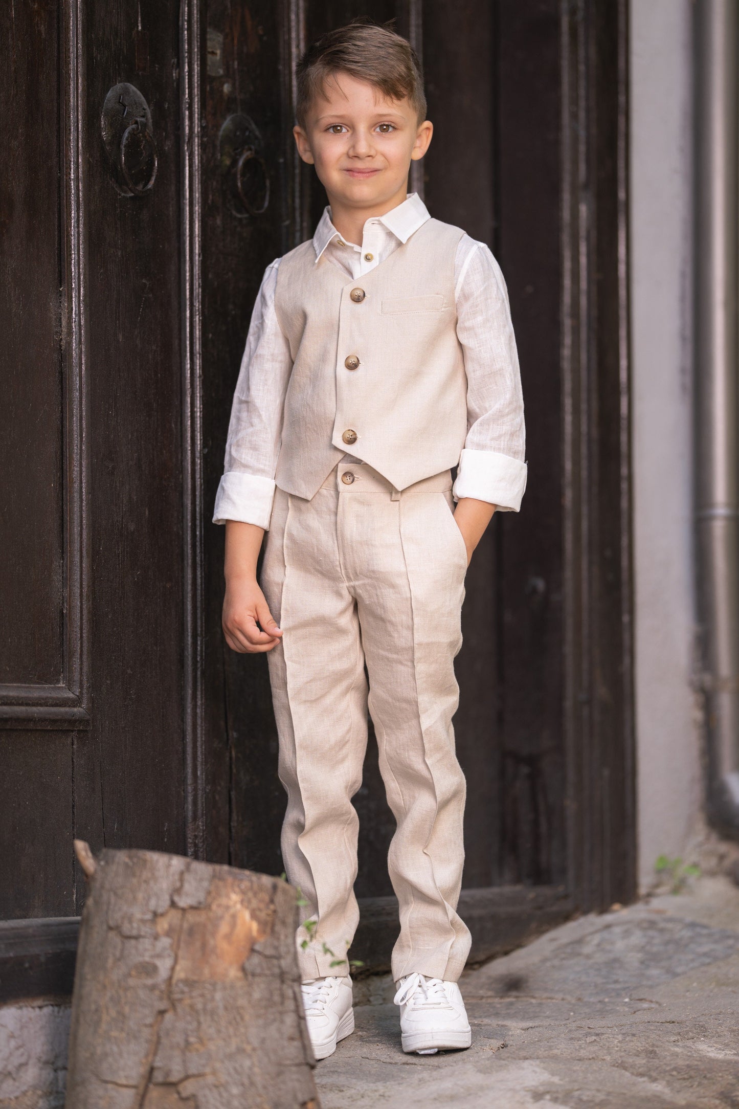 Beige linen 3 piece summer set for boys/ Rustic wedding outfit boys/ Communion linen clothing toddler dress shirt outfit/ Linen boys suit