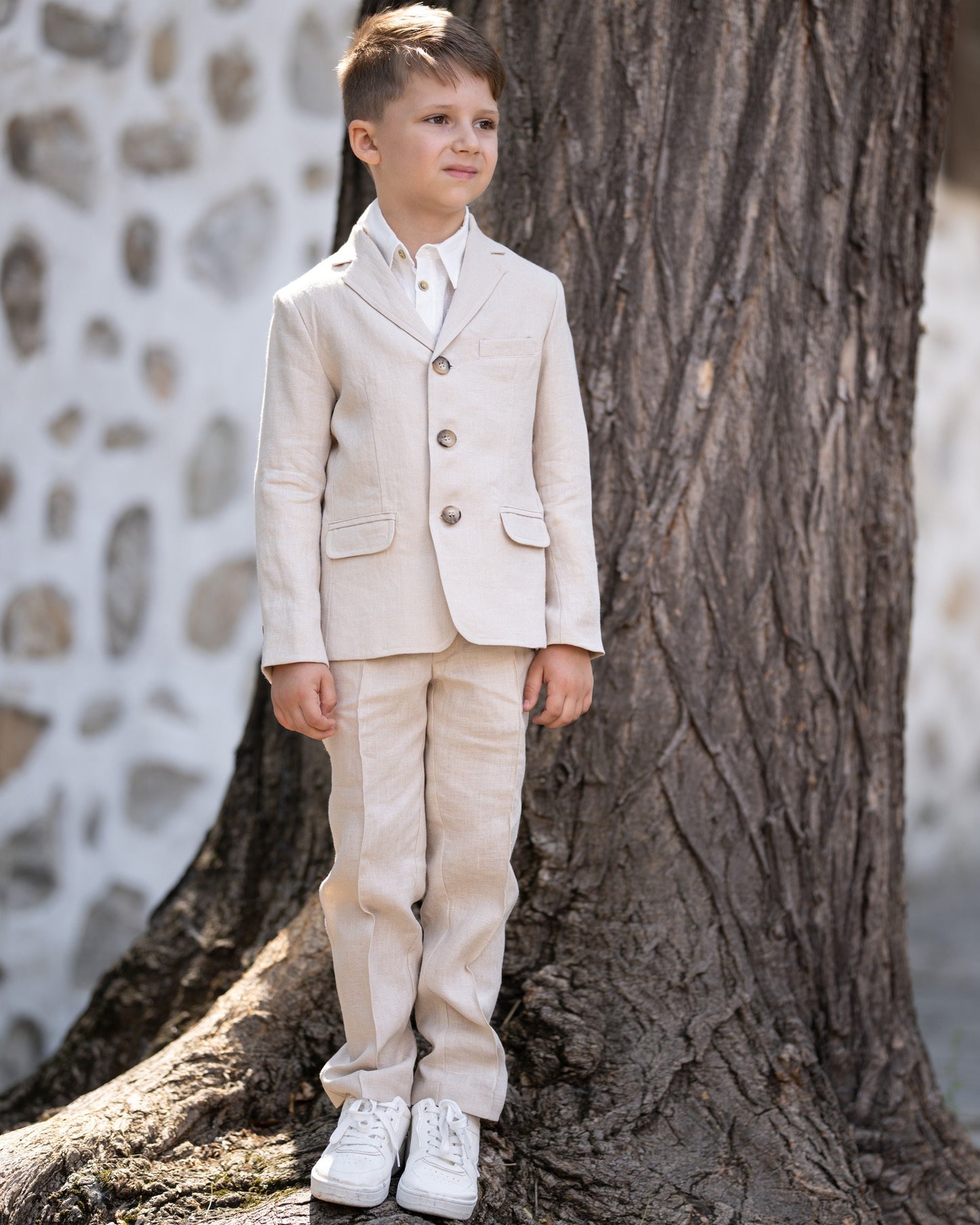 Linen 4 piece summer set for boys/ Rustic wedding outfit boys/ Communion linen clothing toddler dress shirt outfit/ Beige linen boys suit