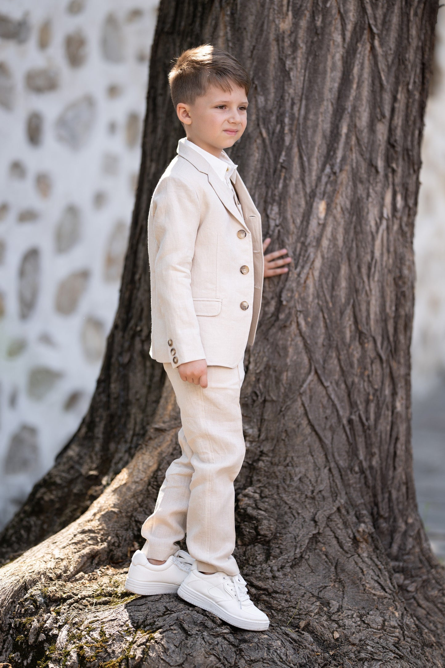 Linen 4 piece summer set for boys/ Rustic wedding outfit boys/ Communion linen clothing toddler dress shirt outfit/ Beige linen boys suit