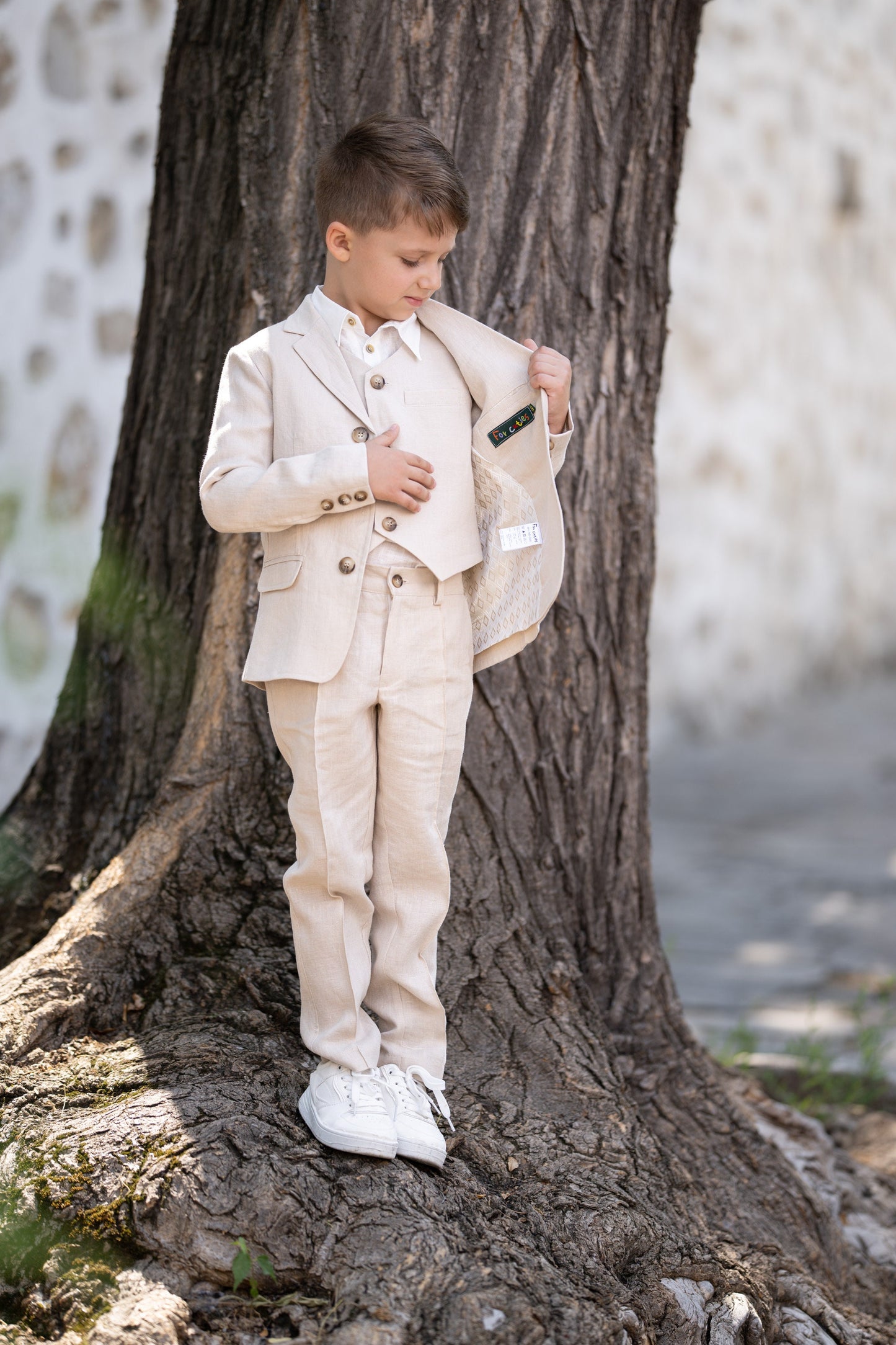 Linen 4 piece summer set for boys/ Rustic wedding outfit boys/ Communion linen clothing toddler dress shirt outfit/ Beige linen boys suit