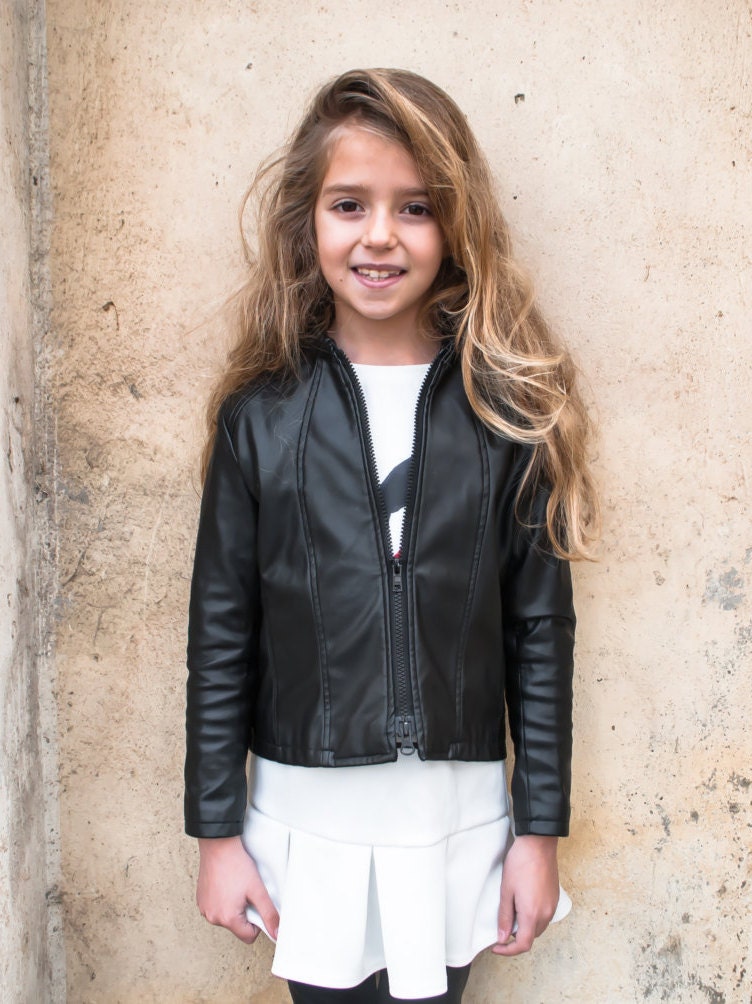 Black leather jacket/Faux leather girls outfit/Toddler leather jacket/Kids leather jacket/Vegan leather outfit/Vintage Eco leather clothing
