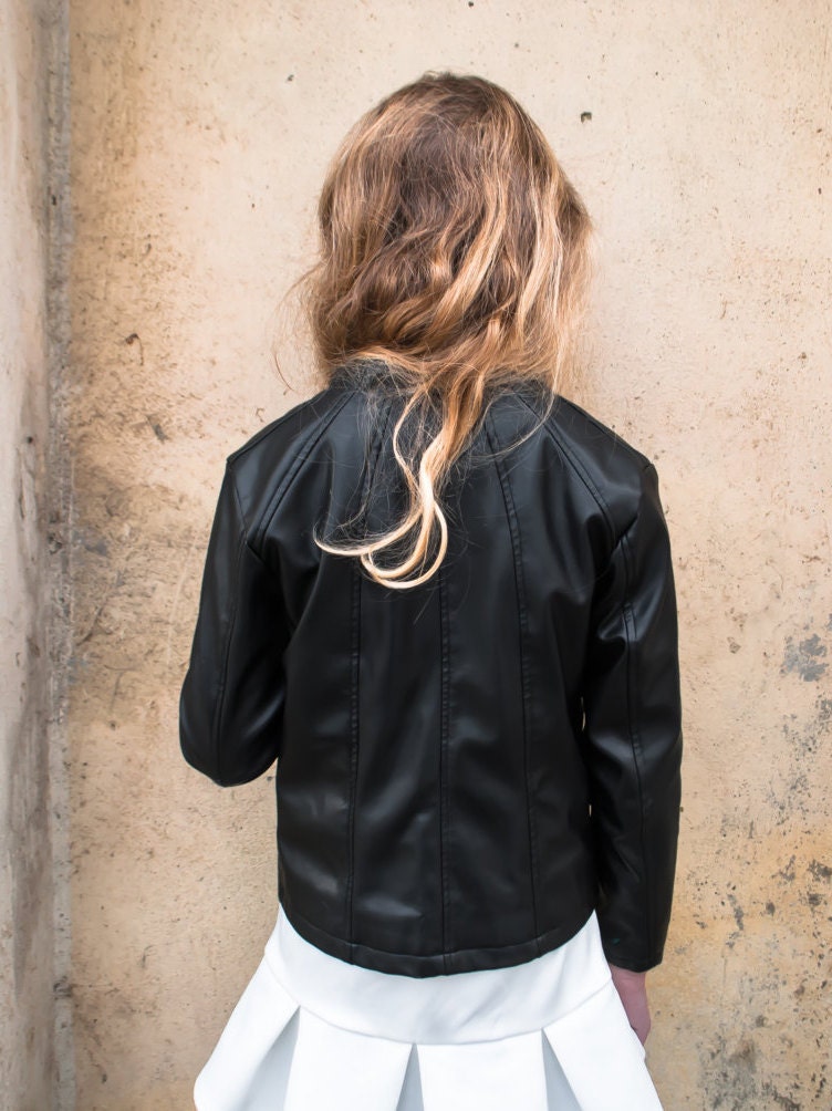 Black leather jacket/Faux leather girls outfit/Toddler leather jacket/Kids leather jacket/Vegan leather outfit/Vintage Eco leather clothing