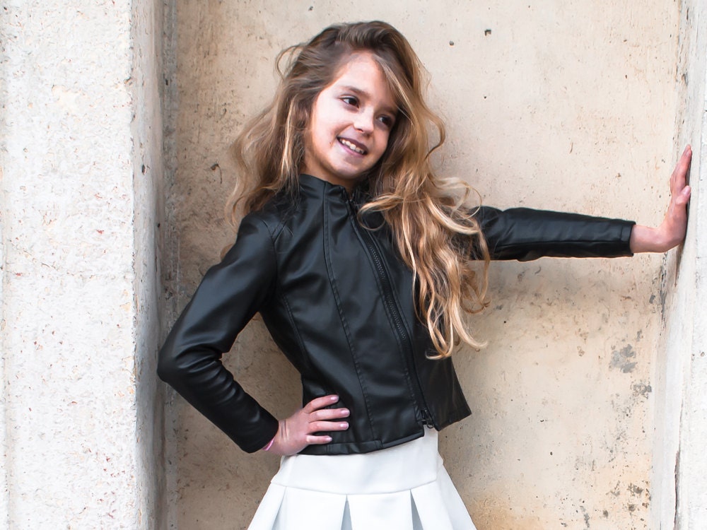 Black leather jacket/Faux leather girls outfit/Toddler leather jacket/Kids leather jacket/Vegan leather outfit/Vintage Eco leather clothing