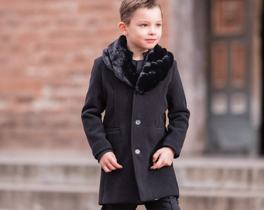 Boys black wool coat with removable faux fur collar