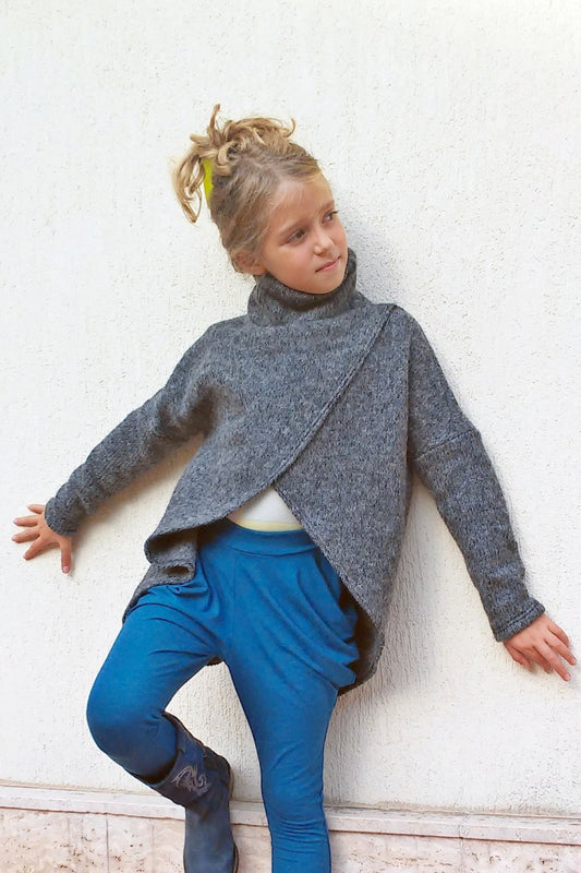 Girl wool sweater cardigan/ Chunky sweater/ Wool cape coat/ Kids wool cardigan/ Wrap cardigan/ Winter loose sweater/ Turtleneck cardigan