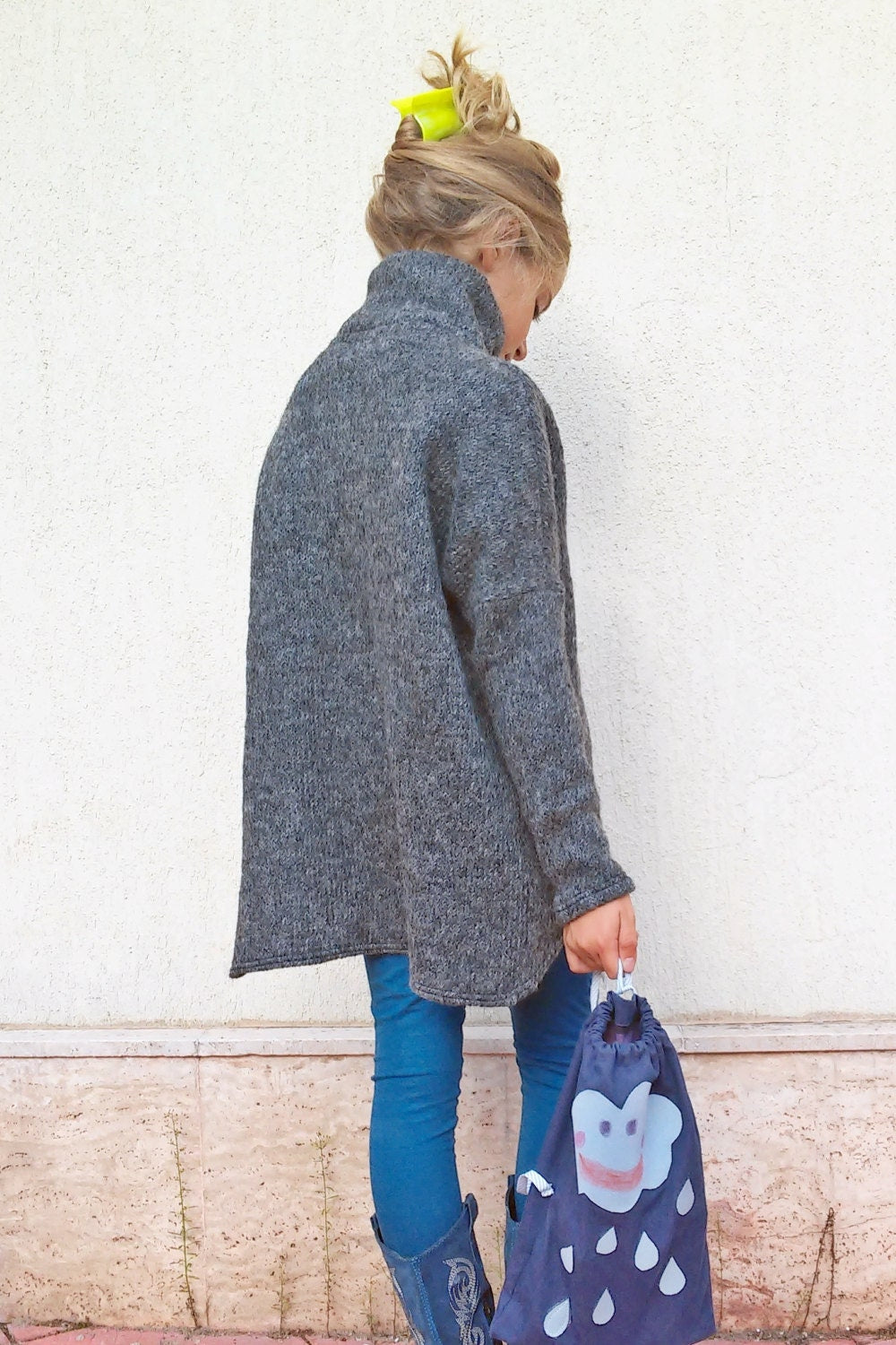 Girl wool sweater cardigan/ Chunky sweater/ Wool cape coat/ Kids wool cardigan/ Wrap cardigan/ Winter loose sweater/ Turtleneck cardigan