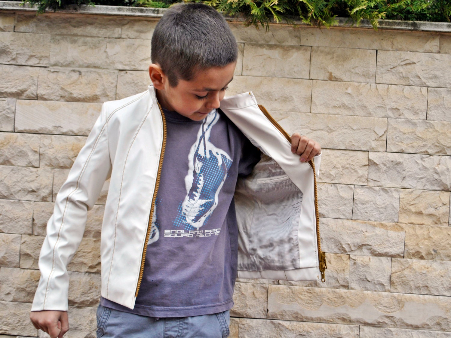 Boys white leather jacket/Faux leather short coat/Eco friendly leather coat/Boys outfit/White jacket/Boys clothing/Leather toddler jacket