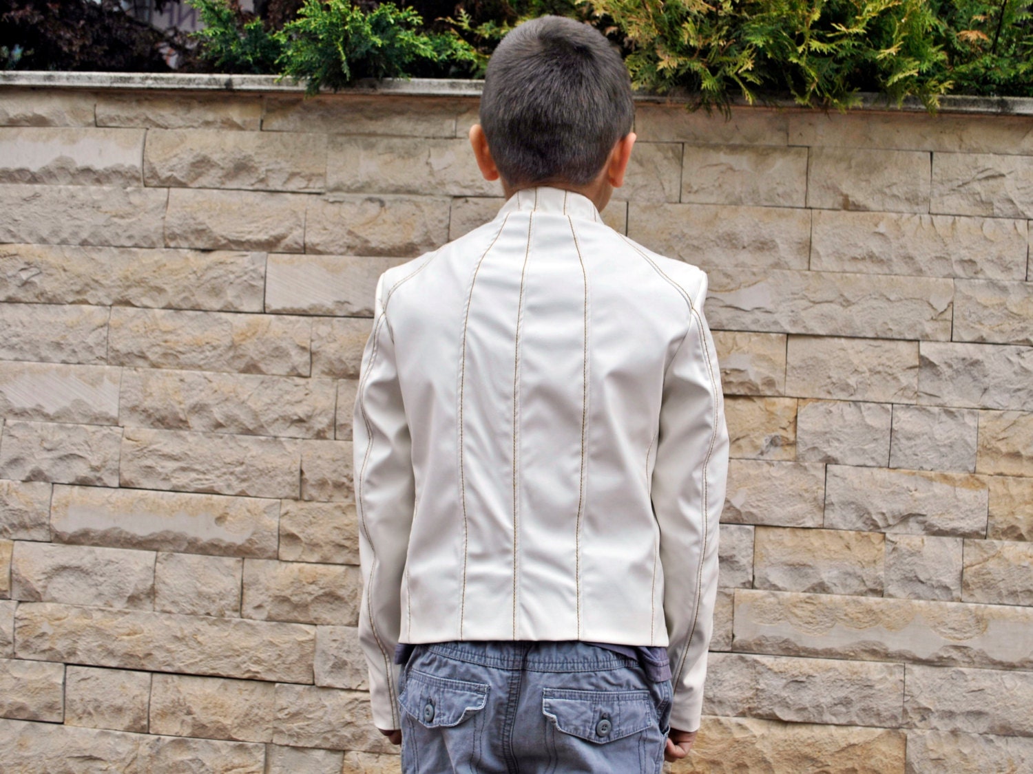 Boys white leather jacket/Faux leather short coat/Eco friendly leather coat/Boys outfit/White jacket/Boys clothing/Leather toddler jacket
