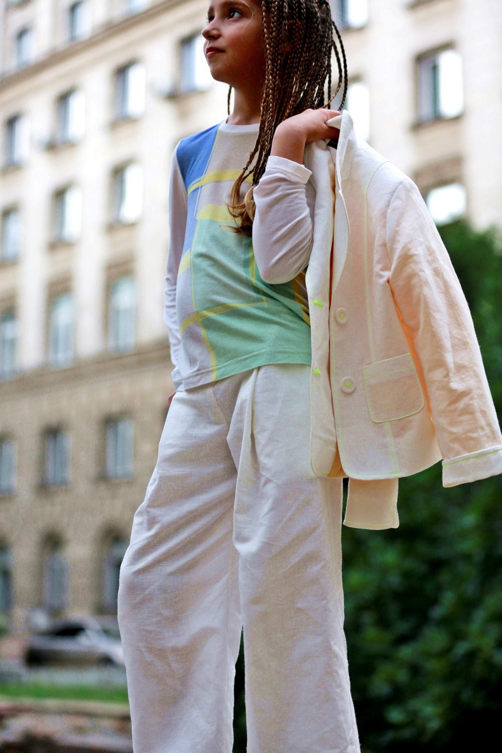 Girls white linen suit for cute summer outfits/ Kids wedding linen clothes/ White summer suit/ Summer clothes/ White suit wedding outfits