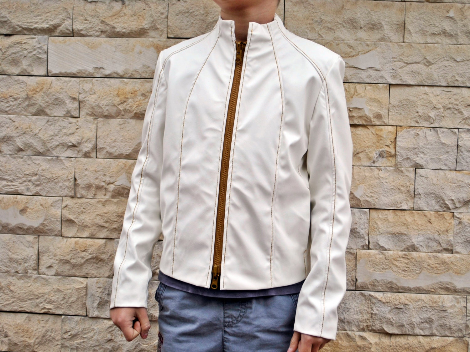 Boys white leather jacket/Faux leather short coat/Eco friendly leather coat/Boys outfit/White jacket/Boys clothing/Leather toddler jacket