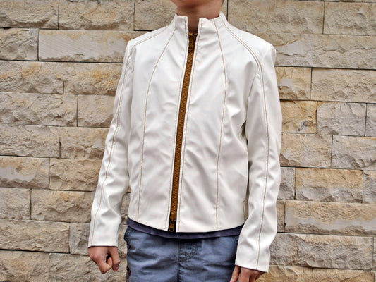Boys white leather jacket/Faux leather short coat/Eco friendly leather coat/Boys outfit/White jacket/Boys clothing/Leather toddler jacket