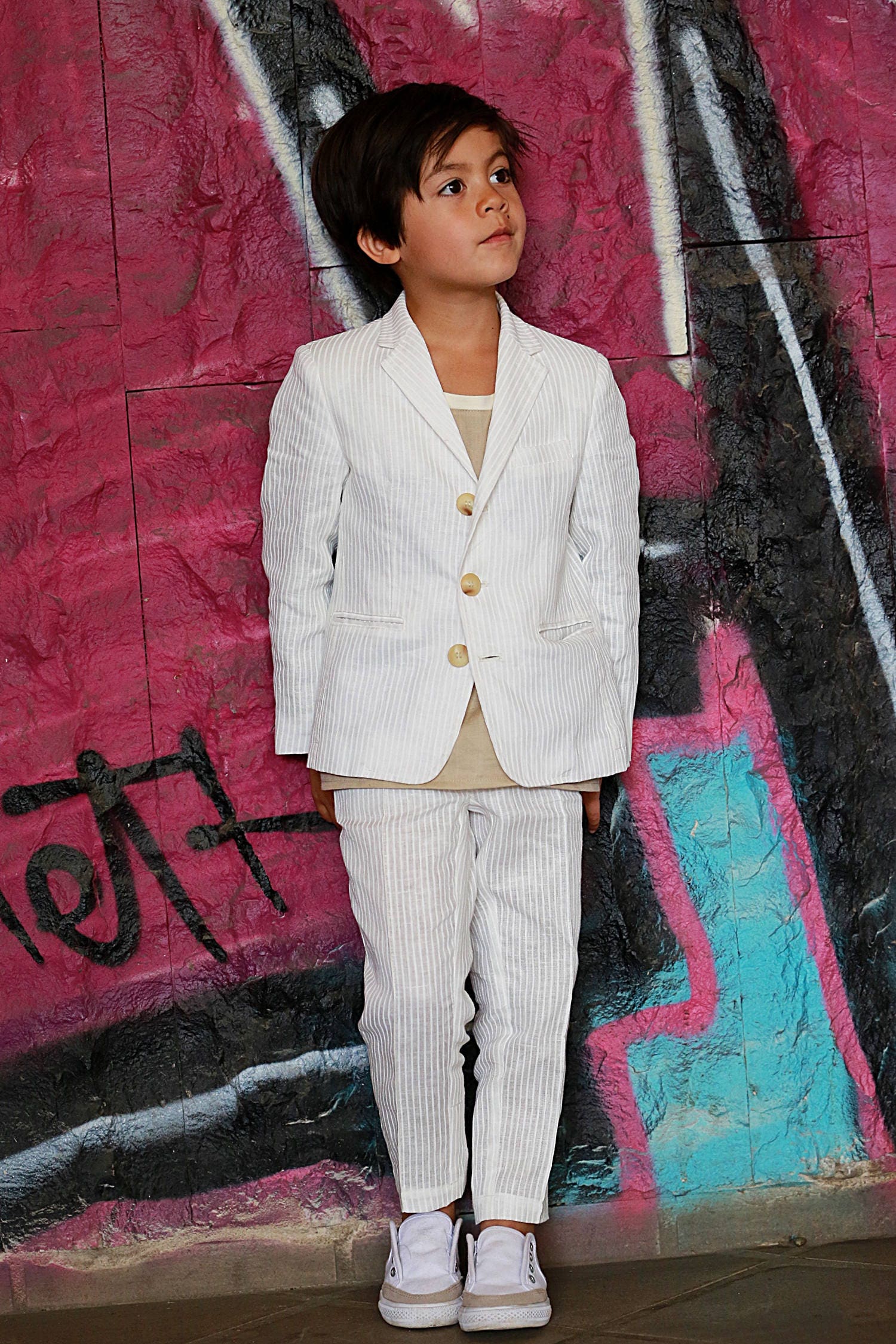 Boys wedding outfit kids seersucker suit/Toddler boy linen outfit slim fitted summer suit/White linen suit/Tailored suit/Beach wedding suit