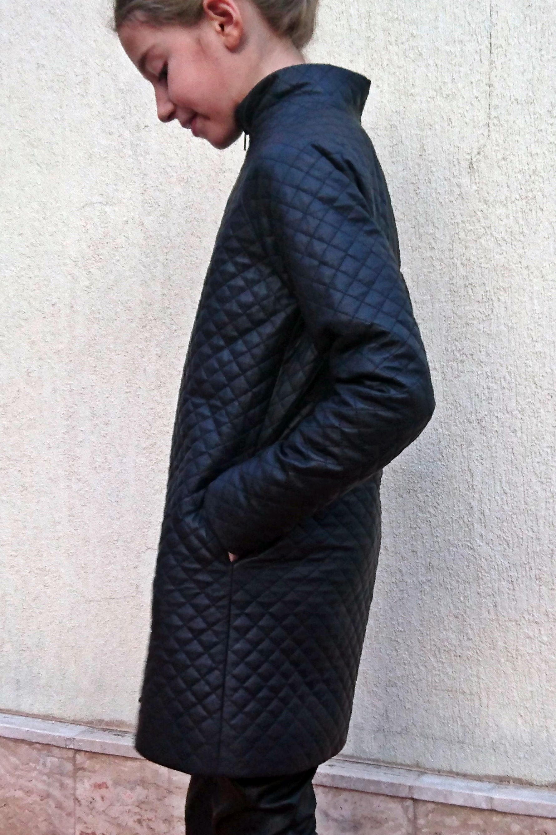 Black faux leather quilted coat for girls, Kids jacket, Long leather coat, Stylish leather jacket, Eco Leather outfit, Winter duvet coat