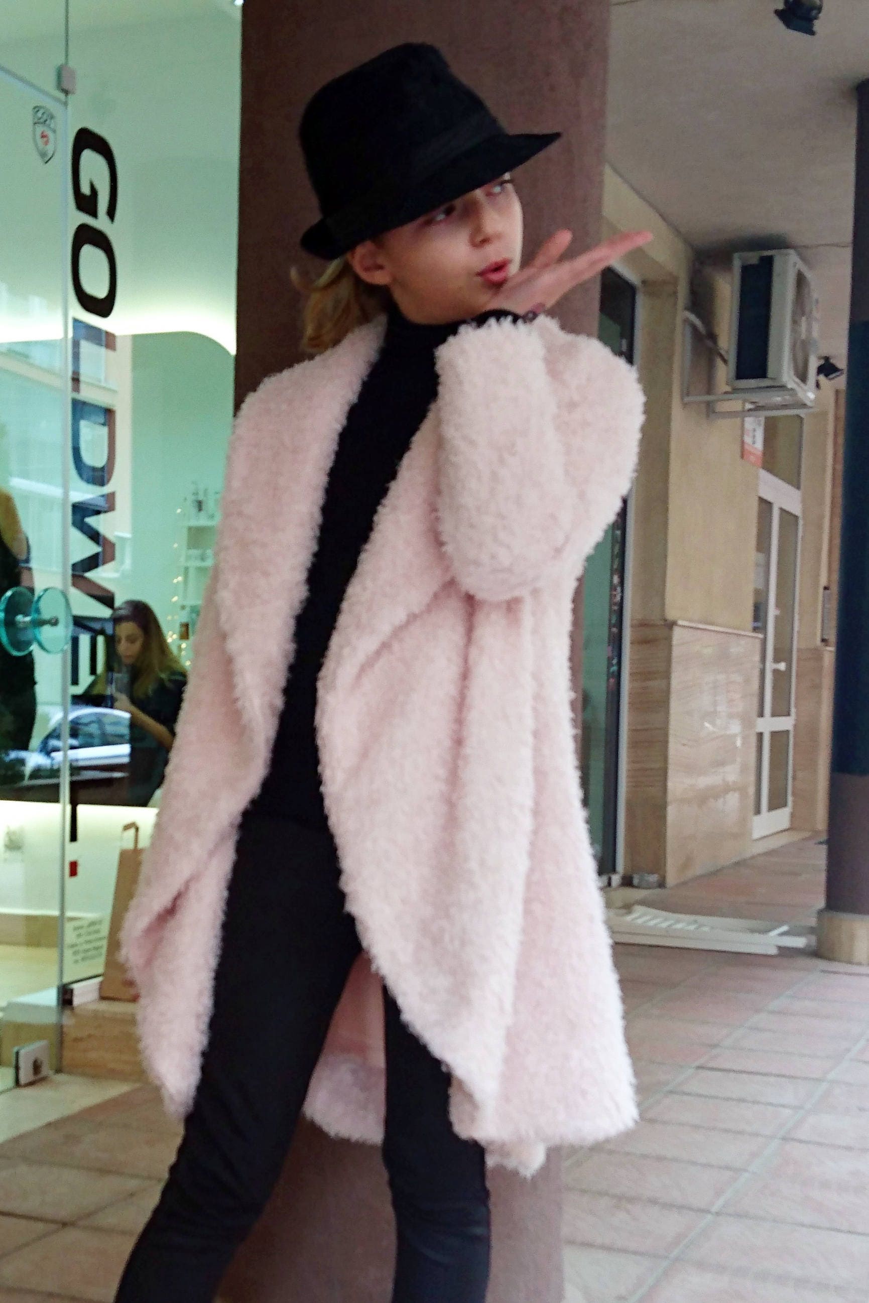 Girls shawl collar fuzzy coat/Formal toddler coat/High collar girls coat/Cocoon coat/Cozy coat/Kids coat/Wrap coat/Toddler girls long coat