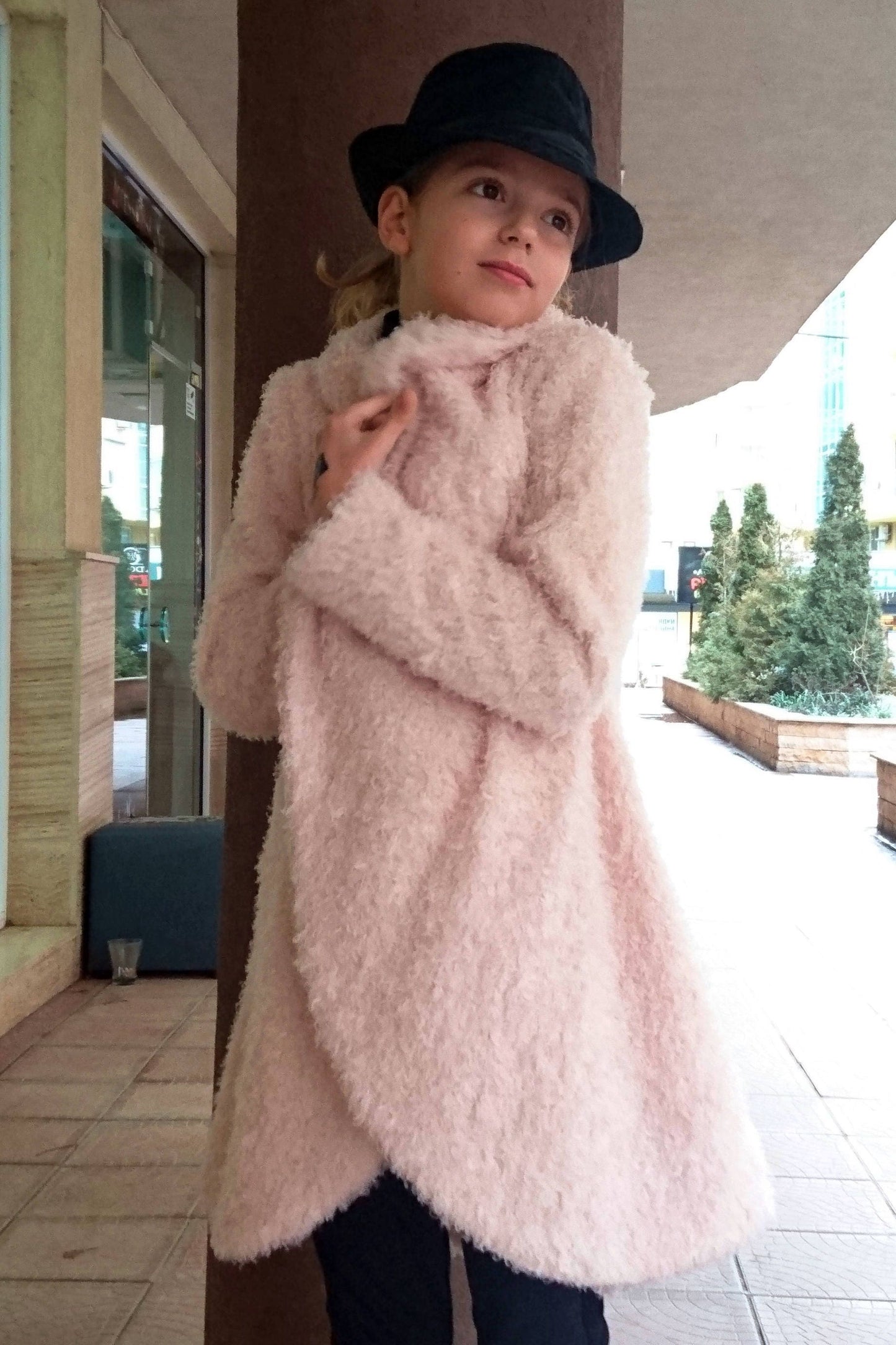 Girls shawl collar fuzzy coat/Formal toddler coat/High collar girls coat/Cocoon coat/Cozy coat/Kids coat/Wrap coat/Toddler girls long coat