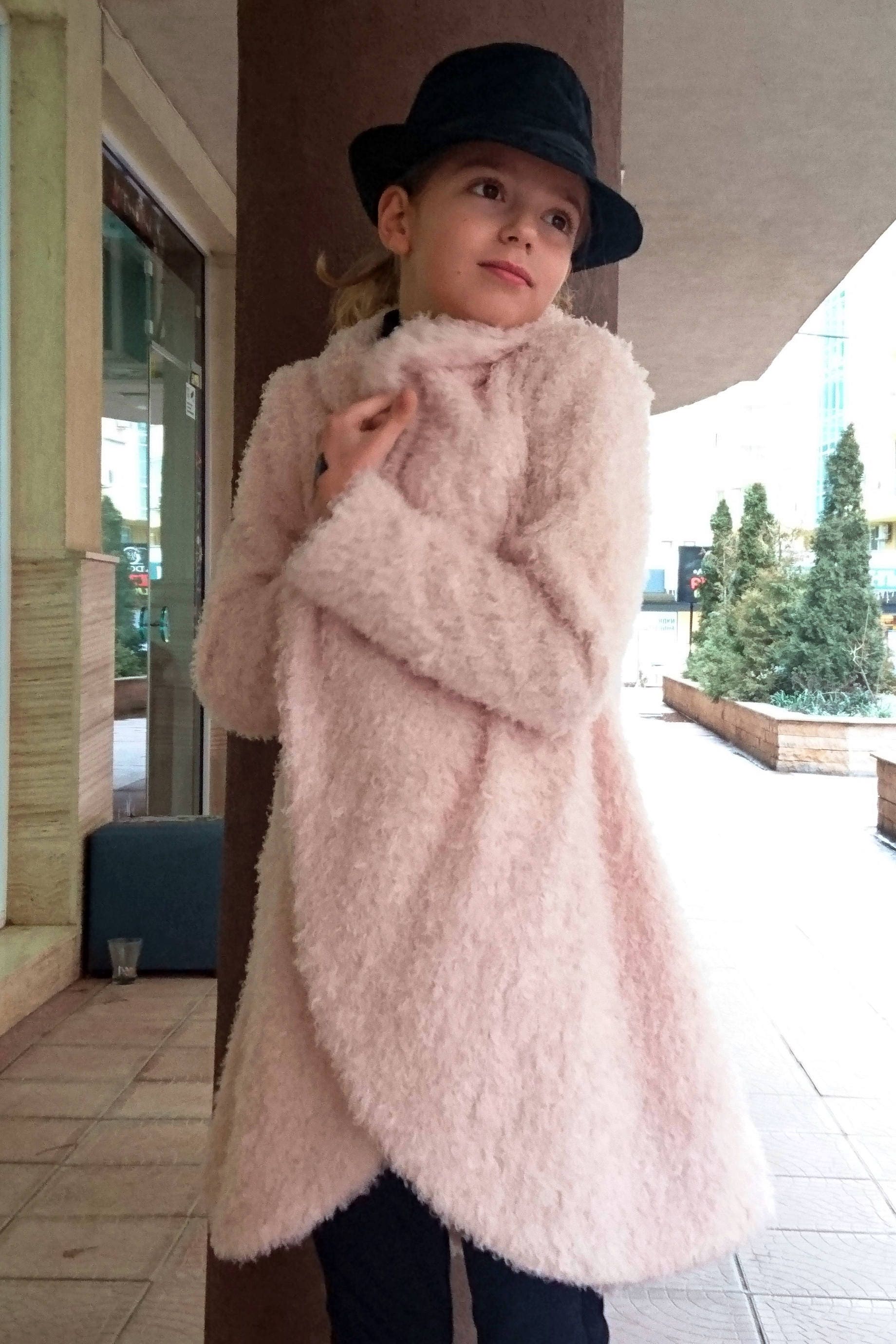 Girls shawl collar fuzzy coat/Formal toddler coat/High collar girls coat/Cocoon coat/Cozy coat/Kids coat/Wrap coat/Toddler girls long coat