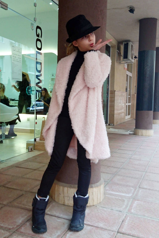 Girls shawl collar fuzzy coat/Formal toddler coat/High collar girls coat/Cocoon coat/Cozy coat/Kids coat/Wrap coat/Toddler girls long coat