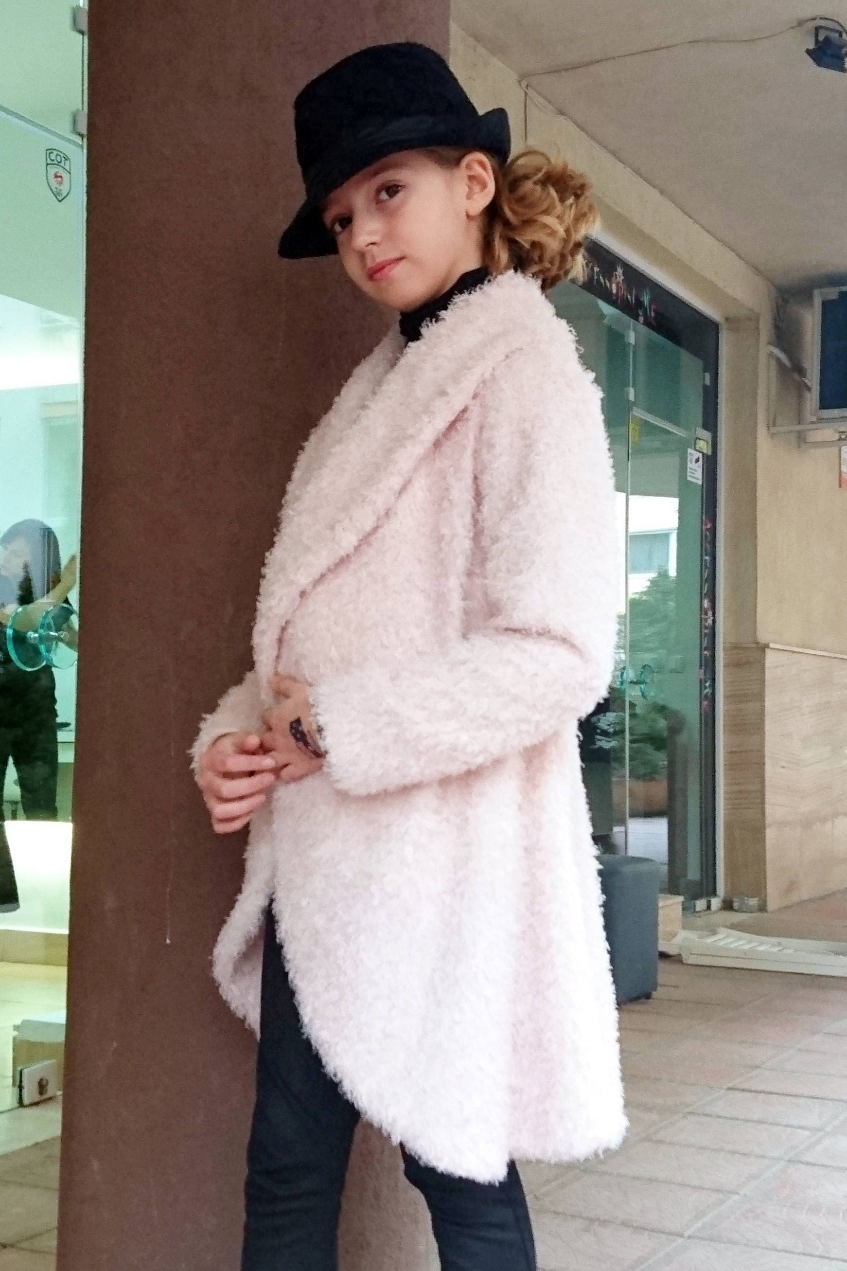 Girls shawl collar fuzzy coat/Formal toddler coat/High collar girls coat/Cocoon coat/Cozy coat/Kids coat/Wrap coat/Toddler girls long coat
