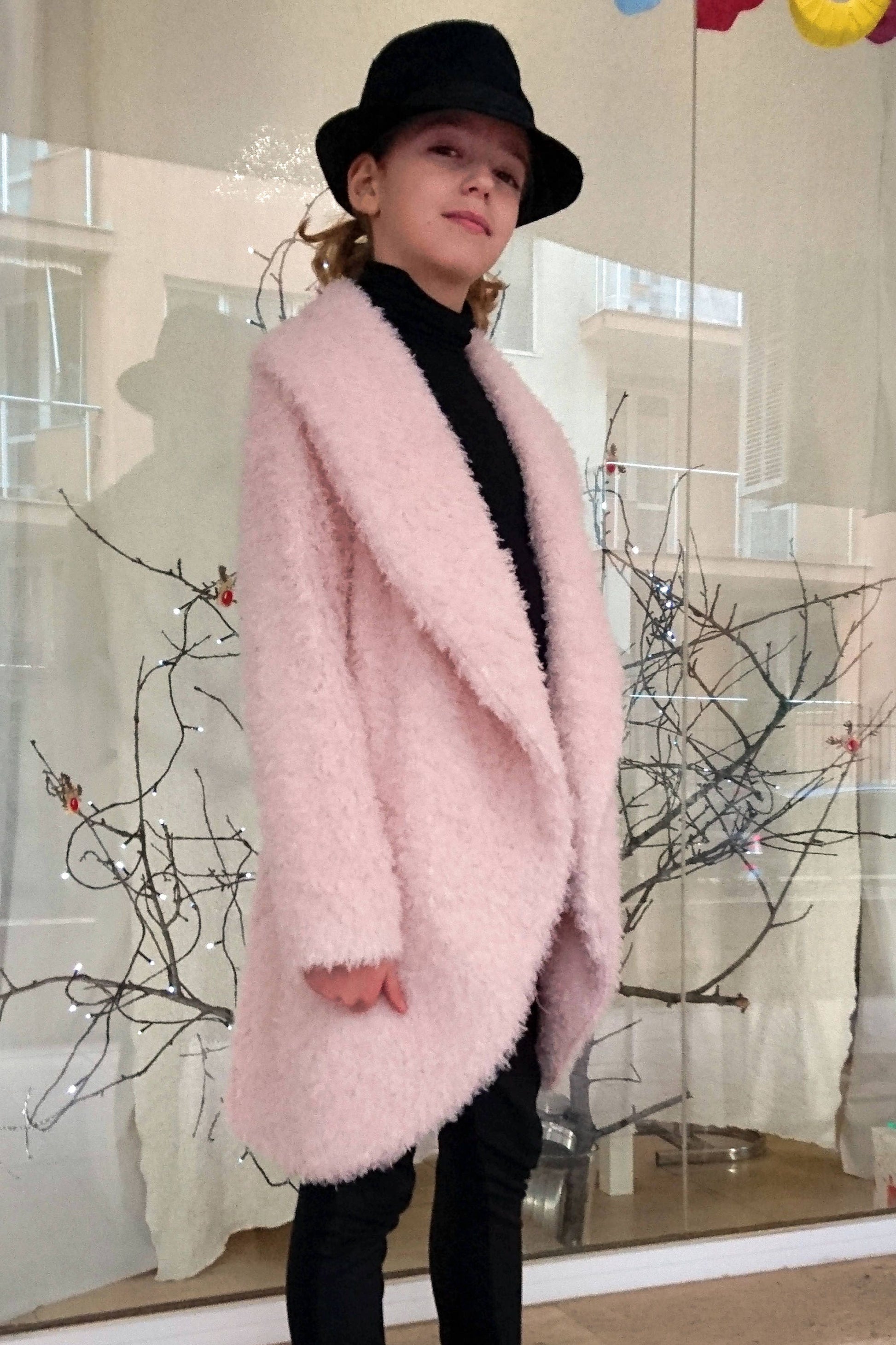 Girls shawl collar fuzzy coat/Formal toddler coat/High collar girls coat/Cocoon coat/Cozy coat/Kids coat/Wrap coat/Toddler girls long coat