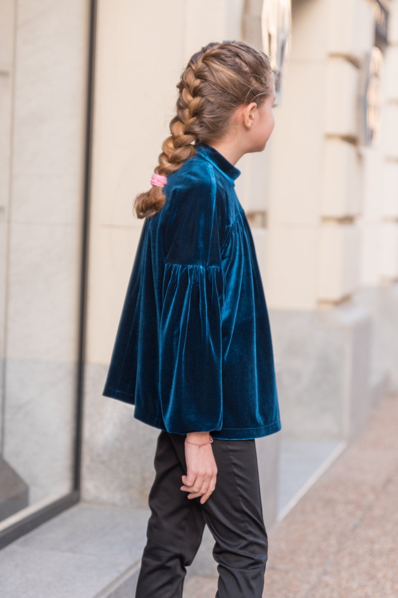 Velvet gathered blouse with long sleeve, Girl blue velvet shirt, Velveteen fabric top, Victorian blouse Romantic top Toddler formal wear