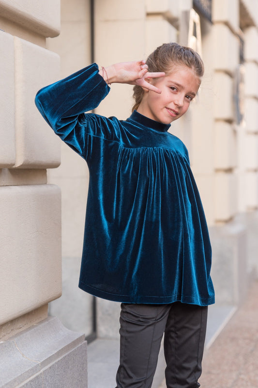 Velvet gathered blouse with long sleeve, Girl blue velvet shirt, Velveteen fabric top, Victorian blouse Romantic top Toddler formal wear