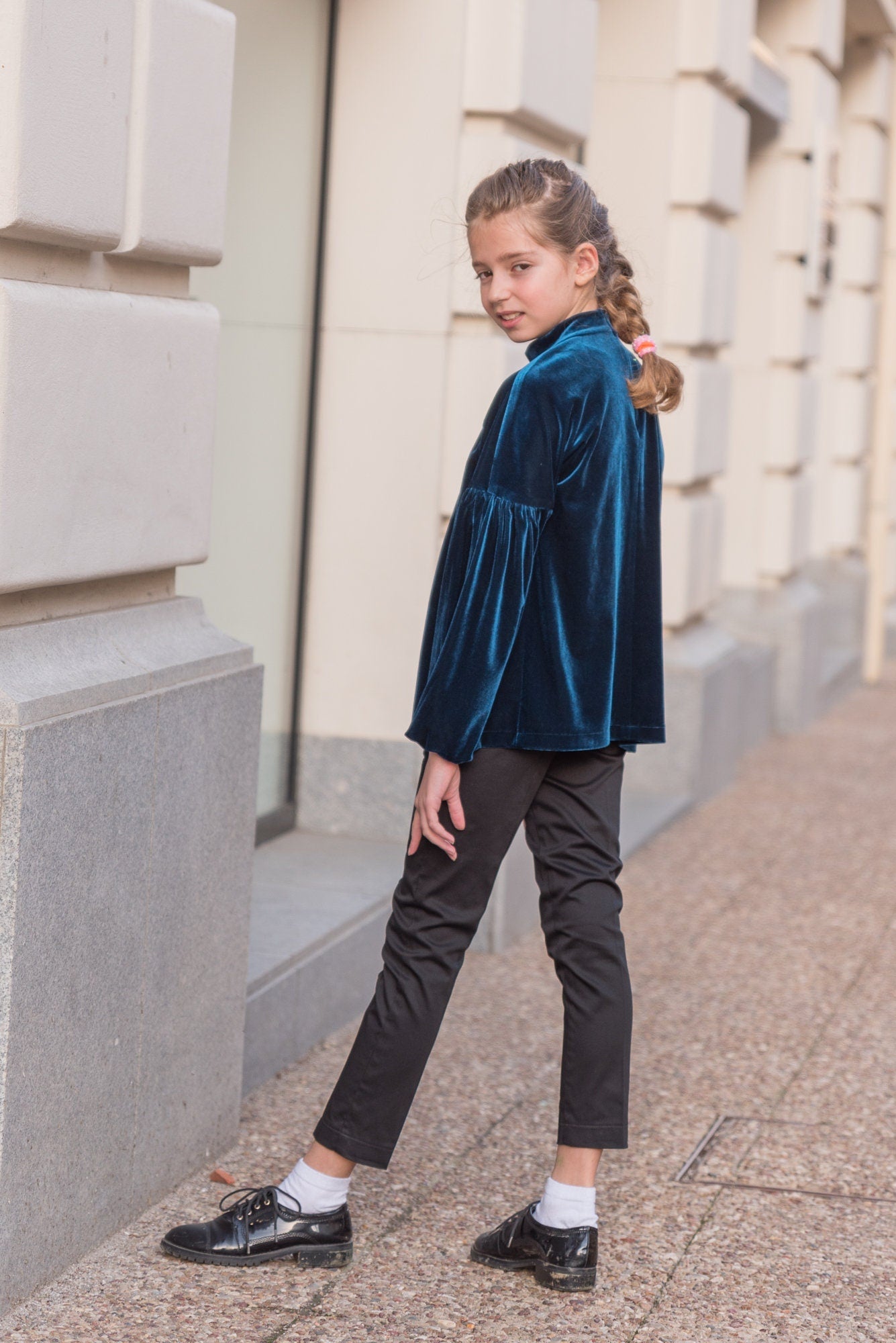 Velvet gathered blouse with long sleeve, Girl blue velvet shirt, Velveteen fabric top, Victorian blouse Romantic top Toddler formal wear