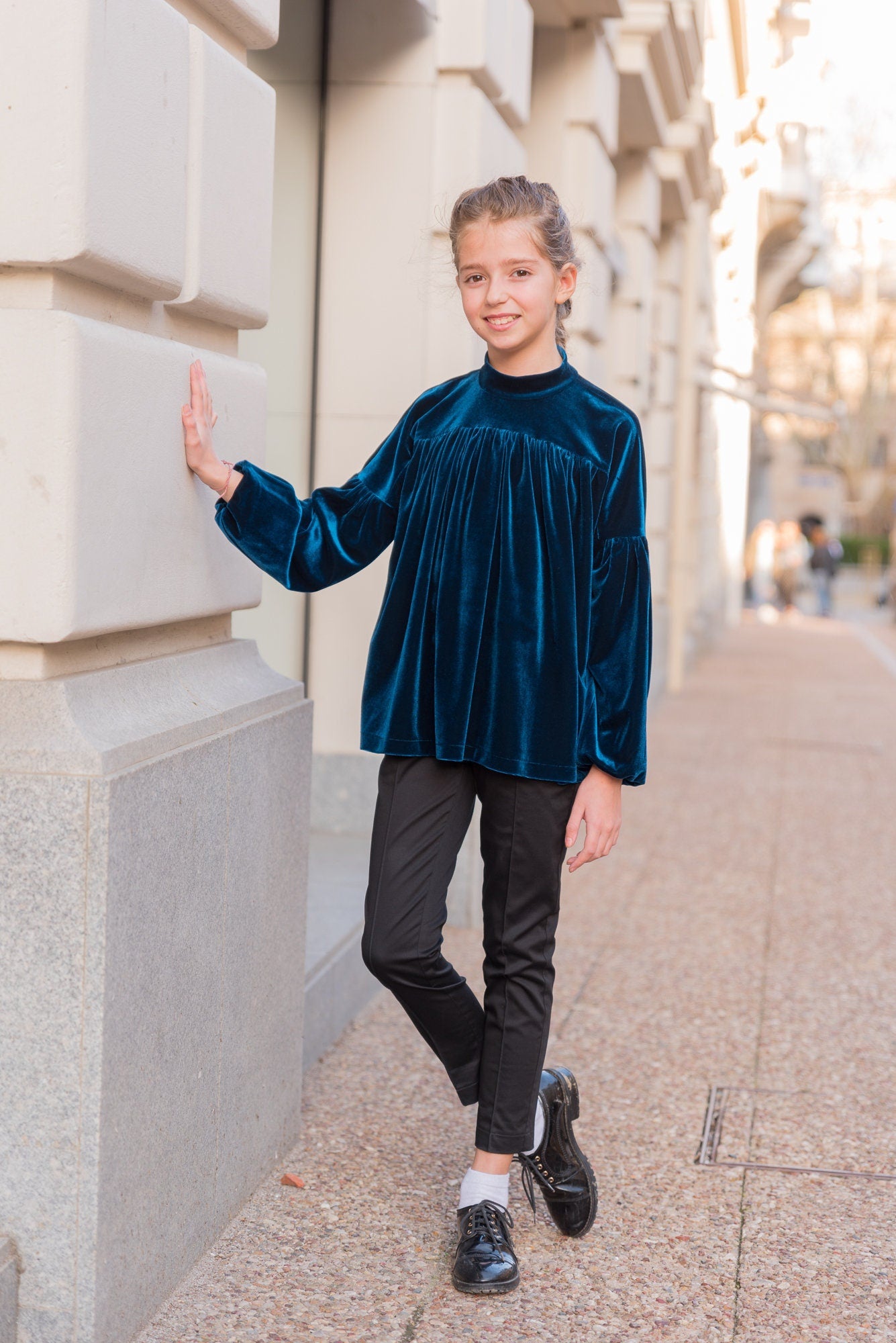 Velvet gathered blouse with long sleeve, Girl blue velvet shirt, Velveteen fabric top, Victorian blouse Romantic top Toddler formal wear