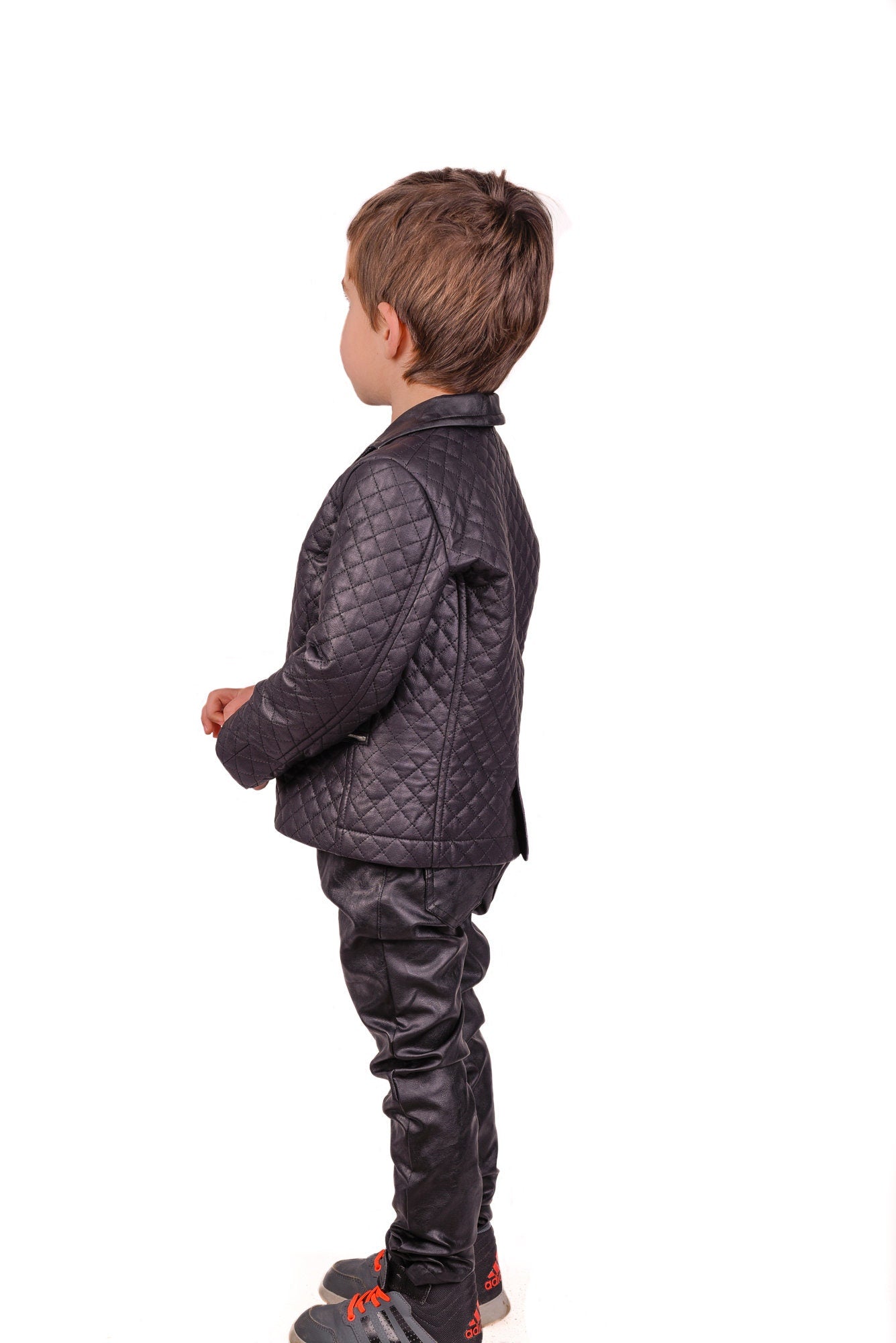 Boys leather jacket, Black faux leather quilted jacket, Stylish leather boys outfit, Toddler boy zipper blazer, Trendy Eco clothing kids