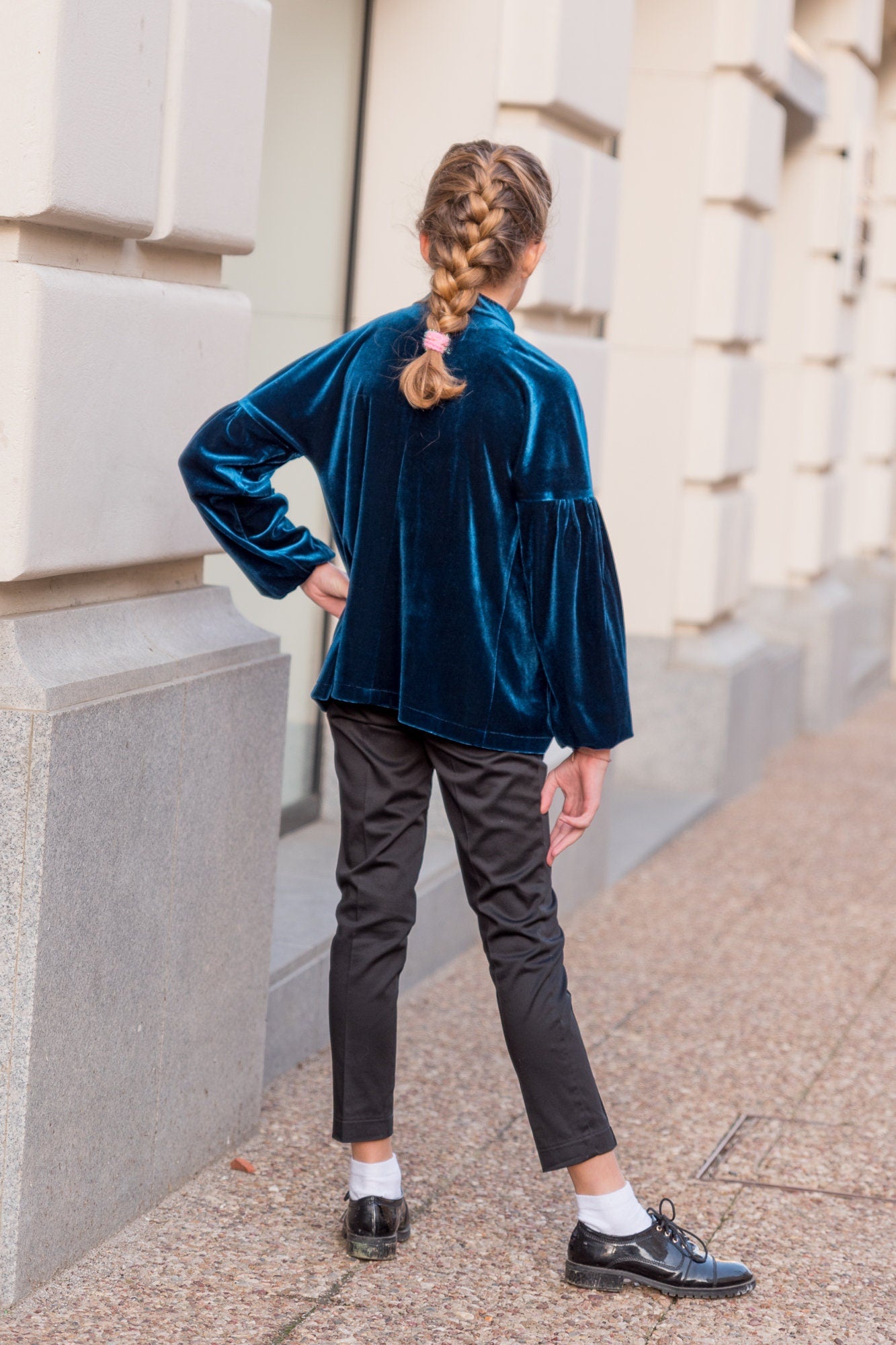 Velvet gathered blouse with long sleeve, Girl blue velvet shirt, Velveteen fabric top, Victorian blouse Romantic top Toddler formal wear