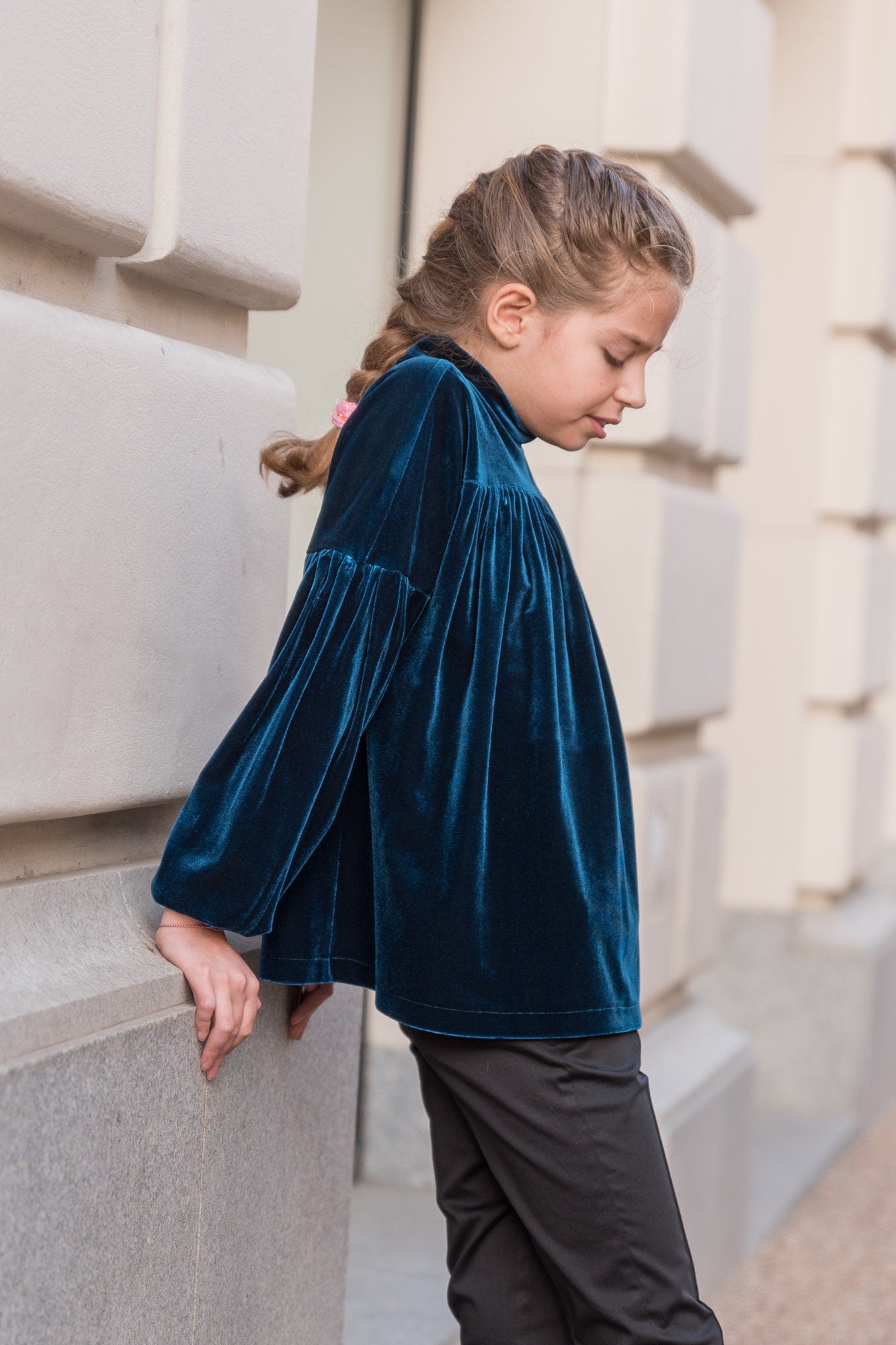 Velvet gathered blouse with long sleeve, Girl blue velvet shirt, Velveteen fabric top, Victorian blouse Romantic top Toddler formal wear