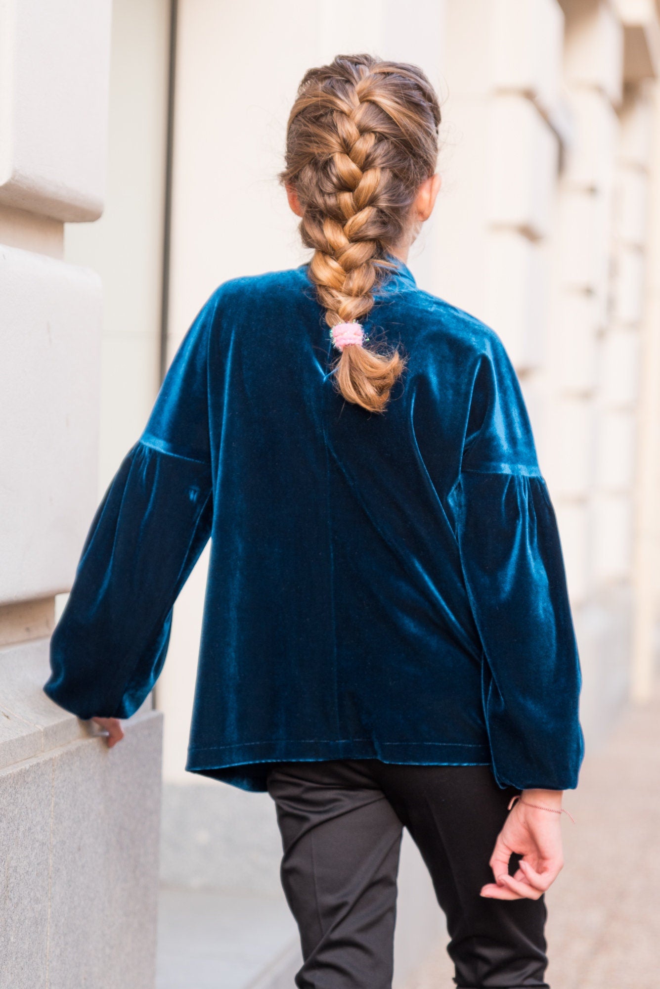 Velvet gathered blouse with long sleeve, Girl blue velvet shirt, Velveteen fabric top, Victorian blouse Romantic top Toddler formal wear