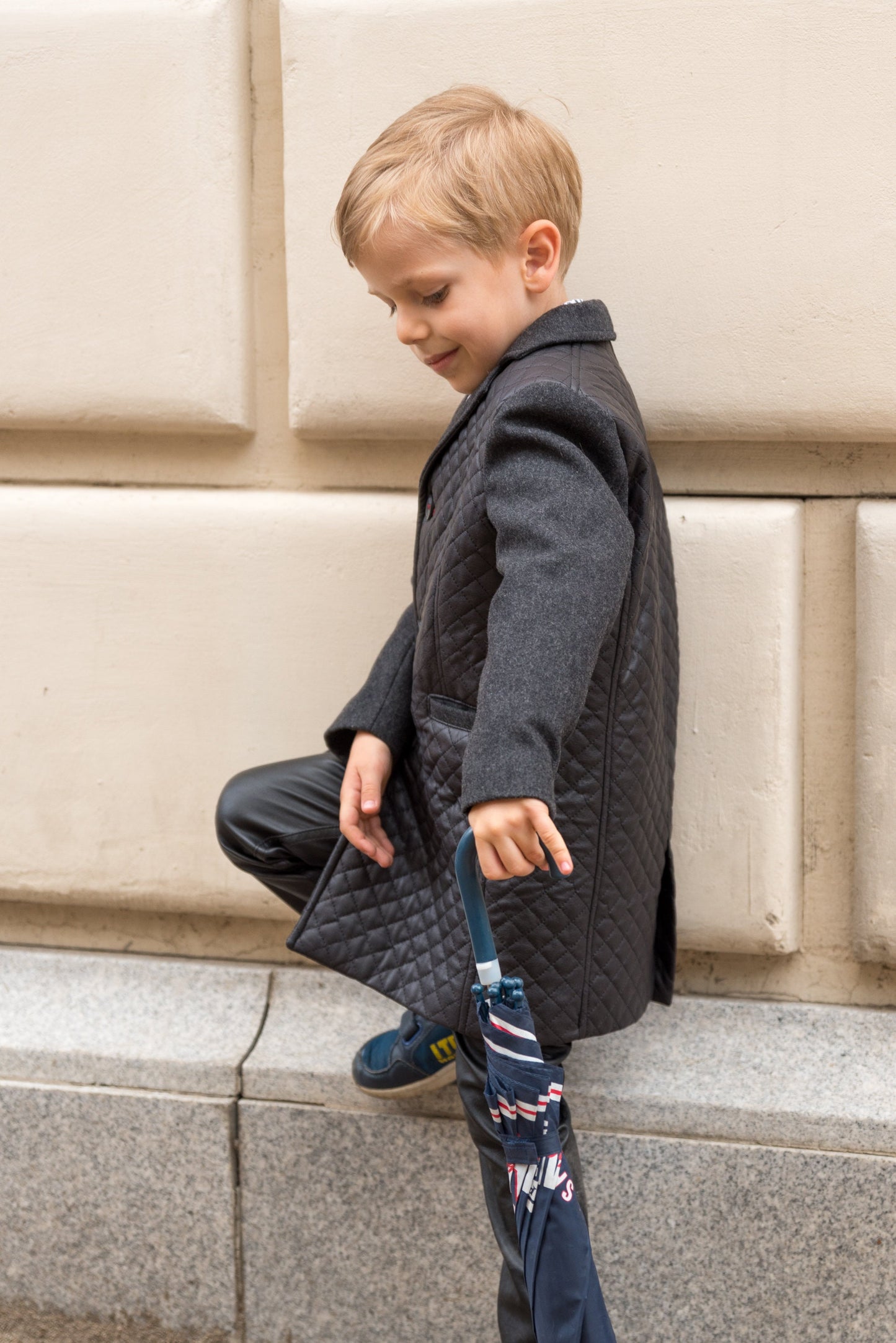 Black wool coat child / Leather coat Kids long down Toddler boy coat Back to School outfit / Winter coat toddler / Leather quilted coat